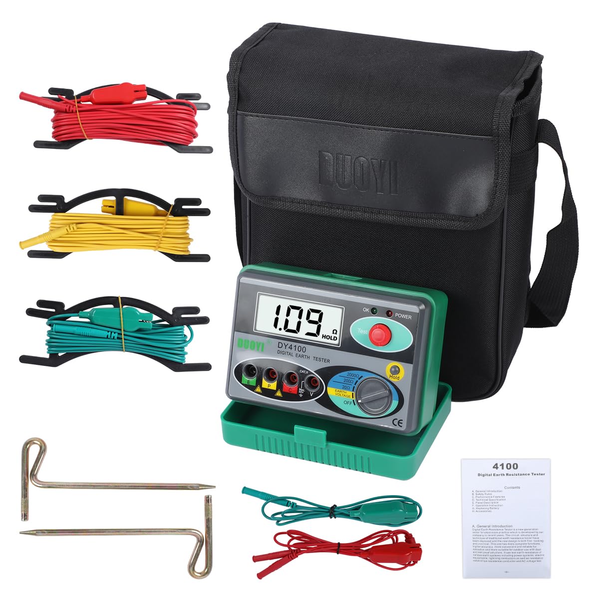 DUOYI Digital Earth Ground Resistance Tester,0-2000 ohm Meter Earth Resistance Tester,Overload Protection AC Ground Voltage Meter with 6Pcs 1.5V Battery,Tool Bag