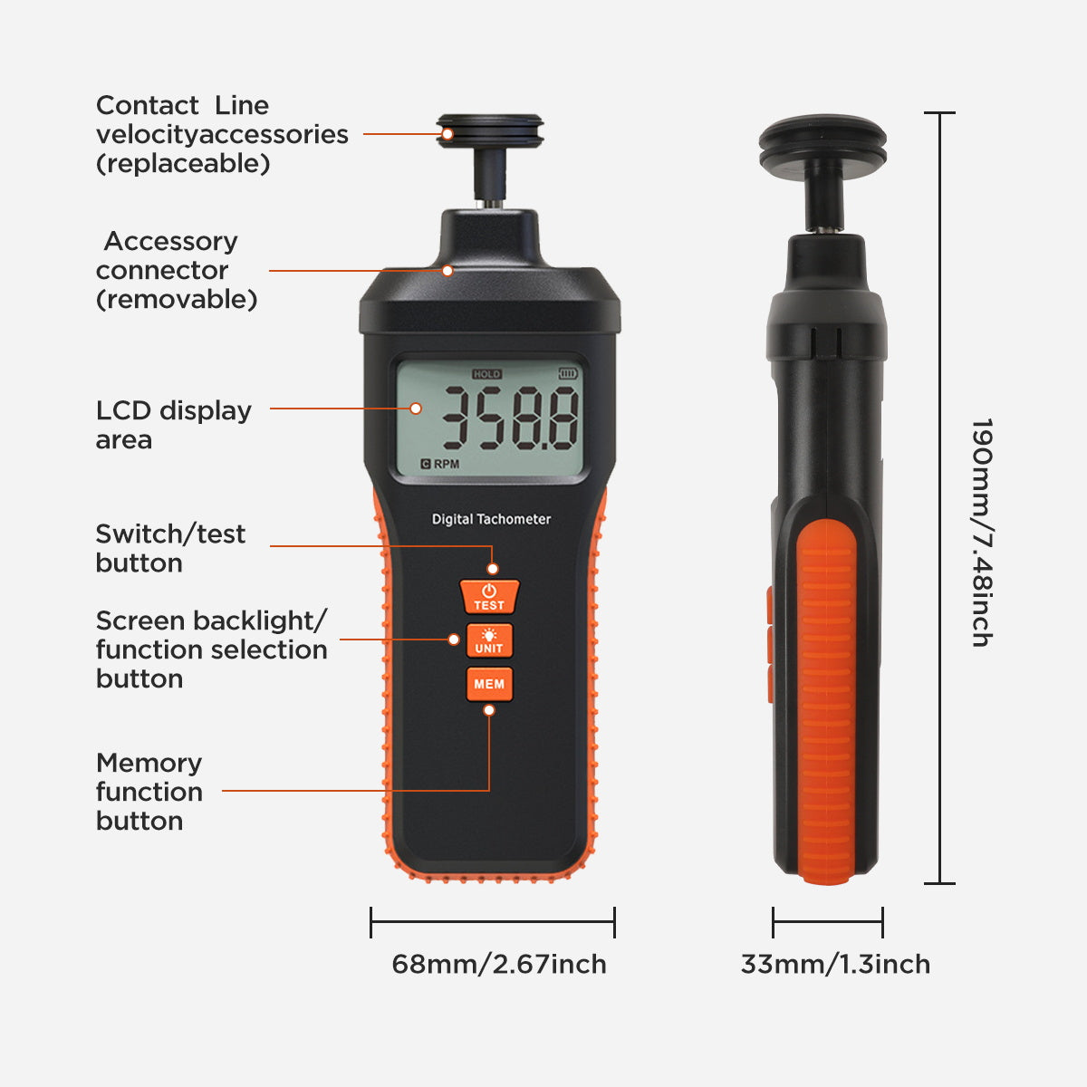 CMTOOL RPM Meter Digital Tachometer, 9.0-99999 RPM Gauge Kit, Handheld Contact and Non Contact Tachometer, High Precision