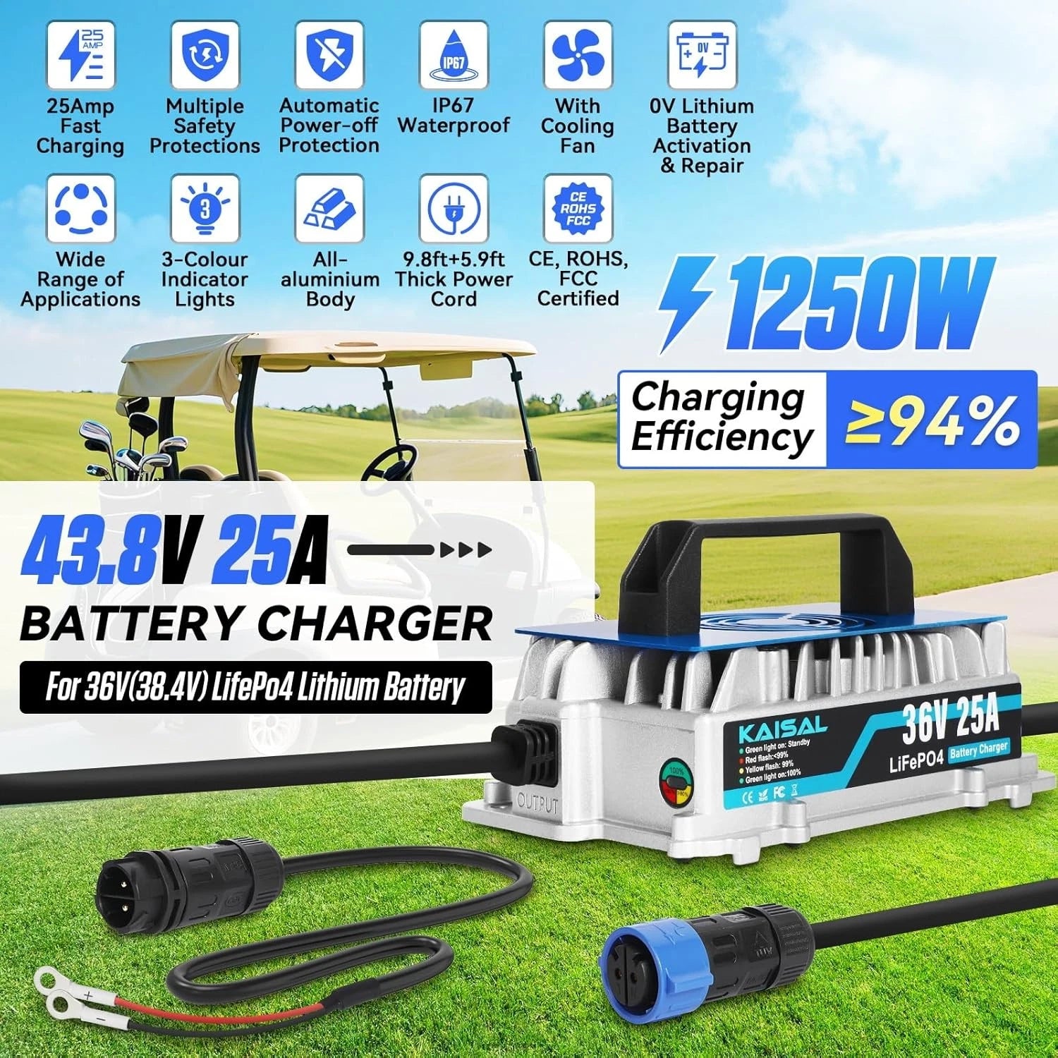 LiFePO4 Battery Charger 36V 25A Lithium Battery Charger for Golf Cart, Forklift