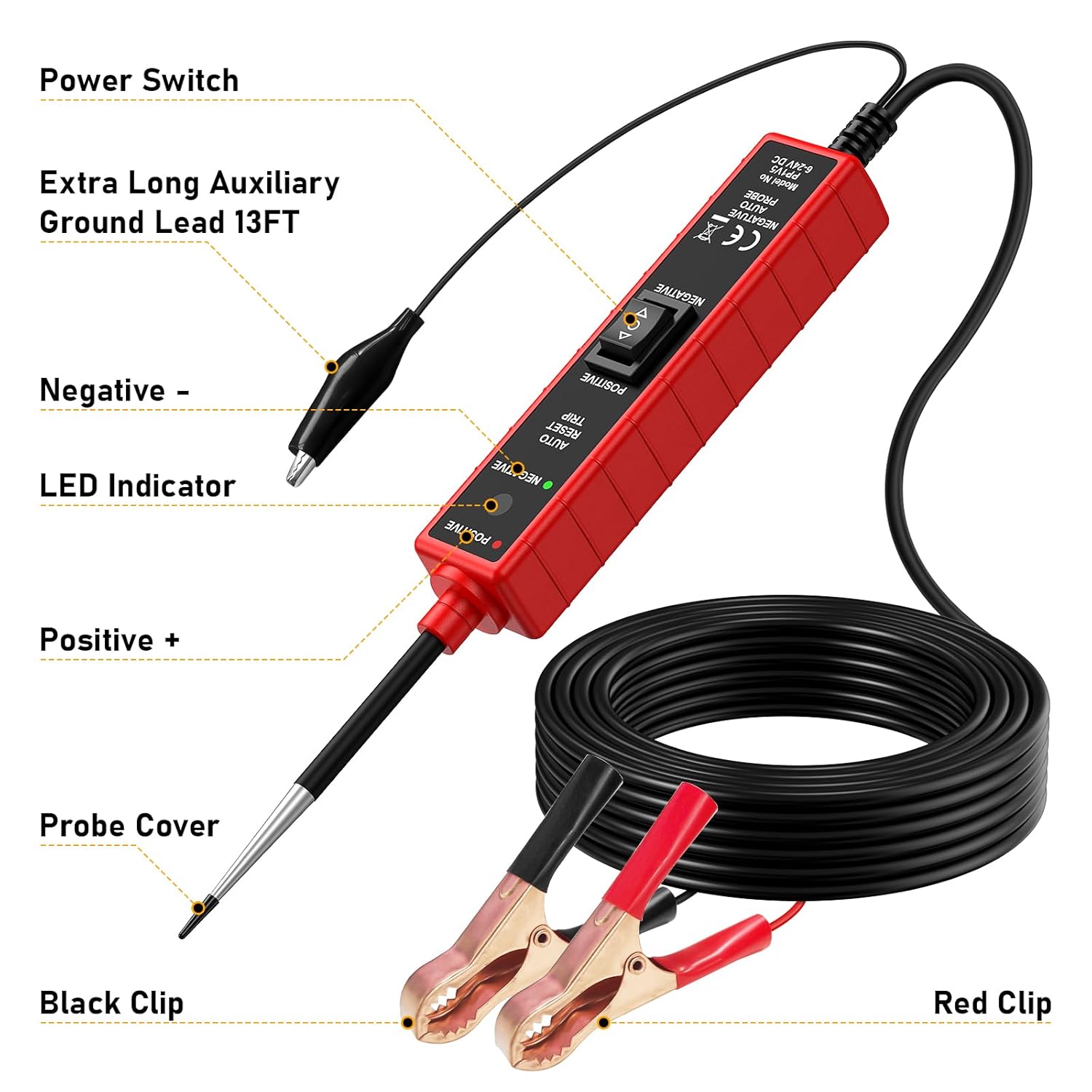 Power Circuit Probe Tester, 6-24V DC Automotive Test Light 12 Volt with 13 ft Leads Circuit Tester Breake Finder for Continuity Testing for Car SUV Truck