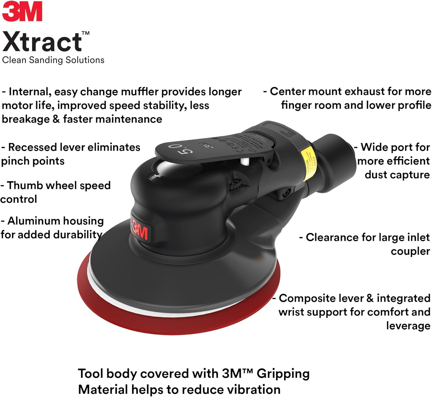 3M 5" Xtract Pneumatic Random Orbit Sander, 5" with Central Vacuum Attachment, 5/16" Orbit, Ergonomic and Lightweight ROS, 0.28 HP (209W) Motor