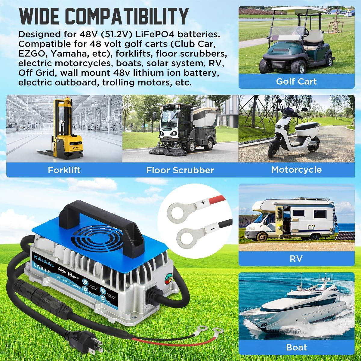 Lithium Battery Charger 48 Volt/58.4V 18A for 48V (51.2V) LiFePO4 Battery 1250W Lifepo4 Battery Charger 48 Volt, IP67 Waterproof, for Golf Cart, Forklift, Electric Outboard, Boat, Solar, RV, Off-Grid