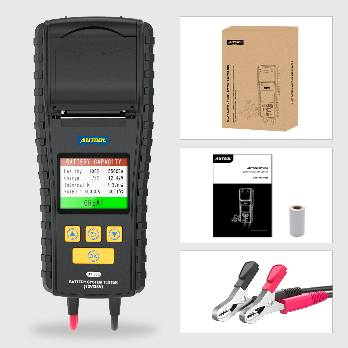AUTOOL BT860 Battery Tester with Temperature Monitoring and Printing Capabilities