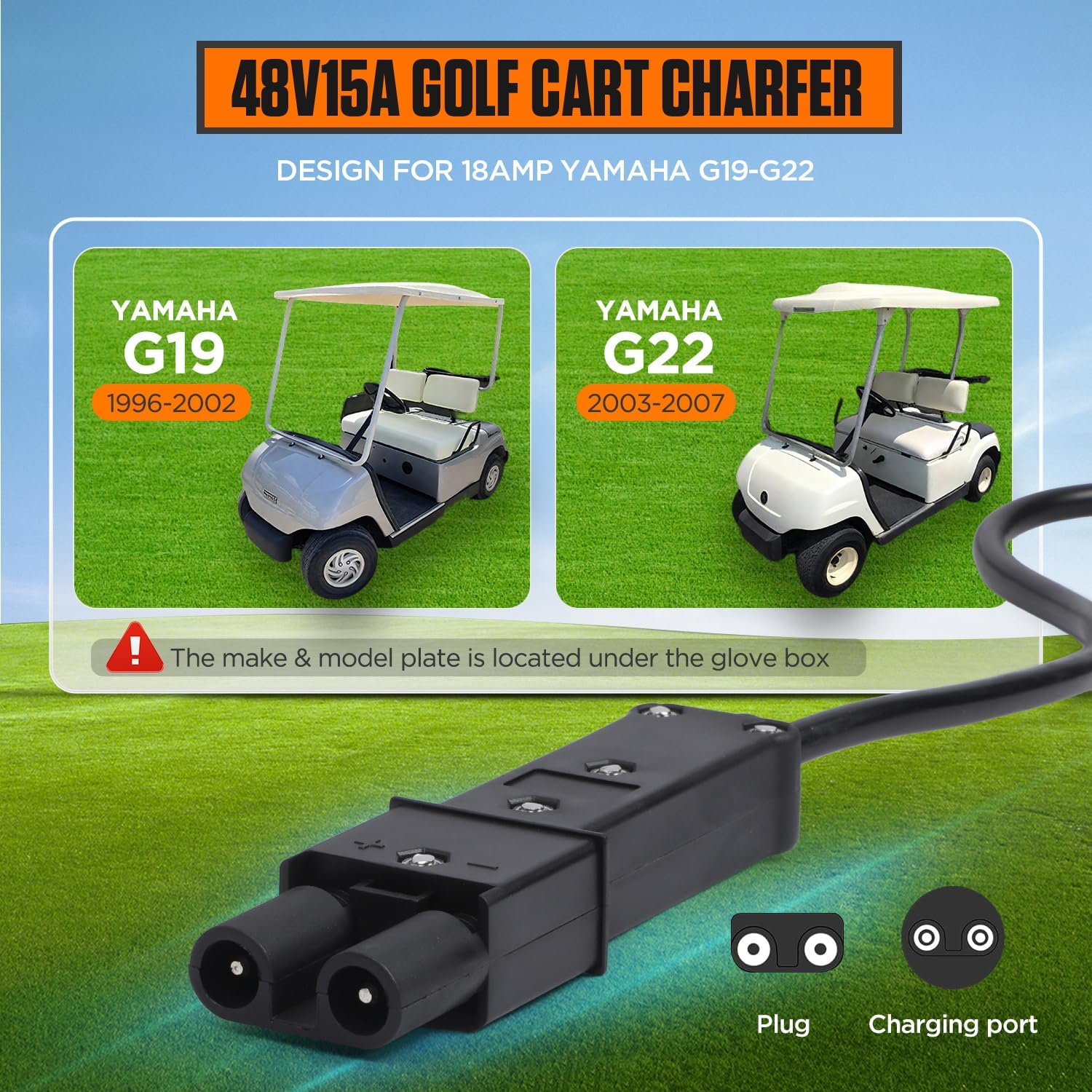 CMTOOL 48V 15A Golf Cart Battery Charger for Yamaha G19 G22, Smart Automatic Trickle Charger, 2-Pin Binocular Plug, IP67 Waterproof, for 48V Lead-Acid Batteries