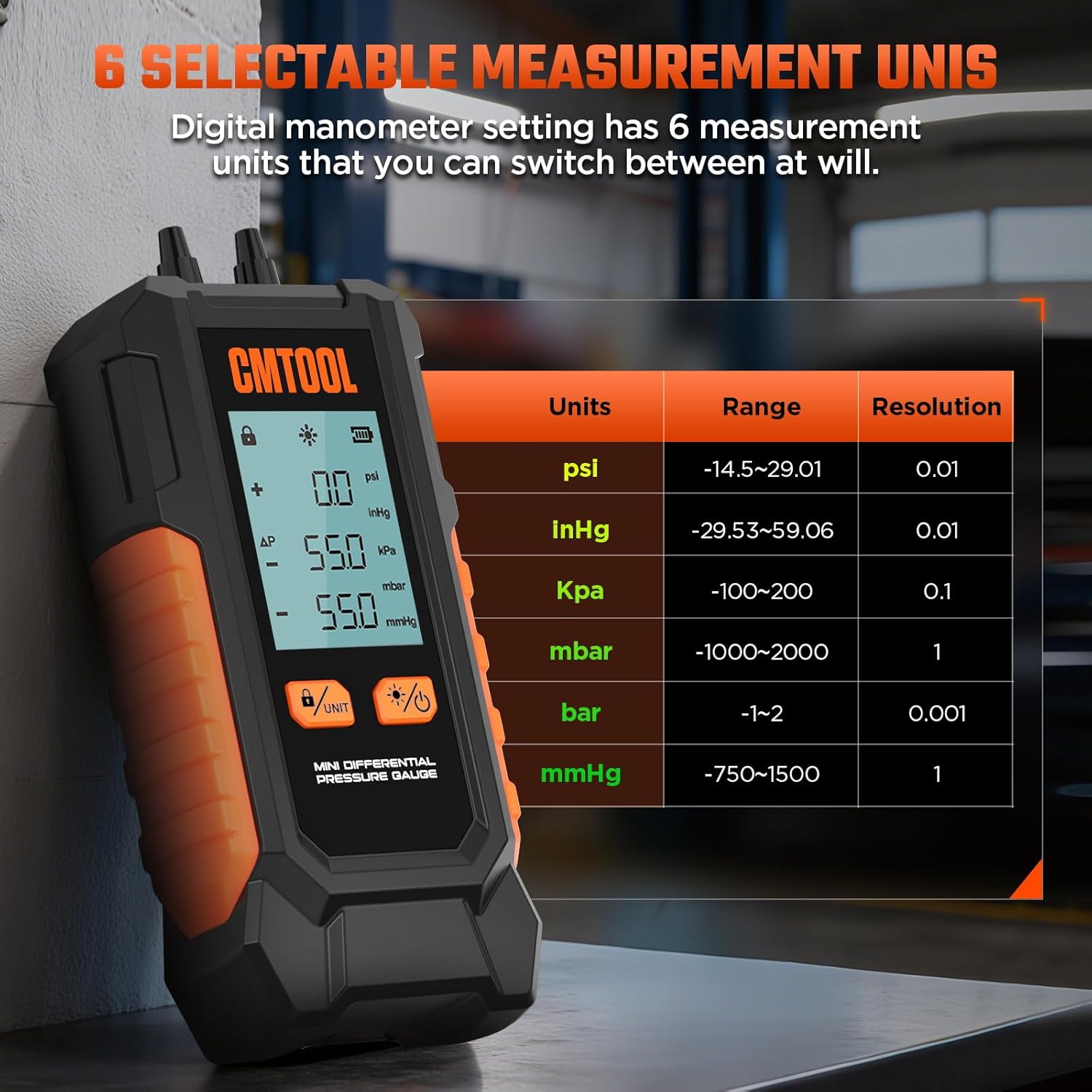 Manometer Gas Pressure Tester, Digital Manometer, -100-200Kpa, 10 Units Differential Pressure Gauge, Max/Min/Data Storage, 2-Port Tester for HVAC/Automotive Brake/Industrial/Lab Calibration (Mini)