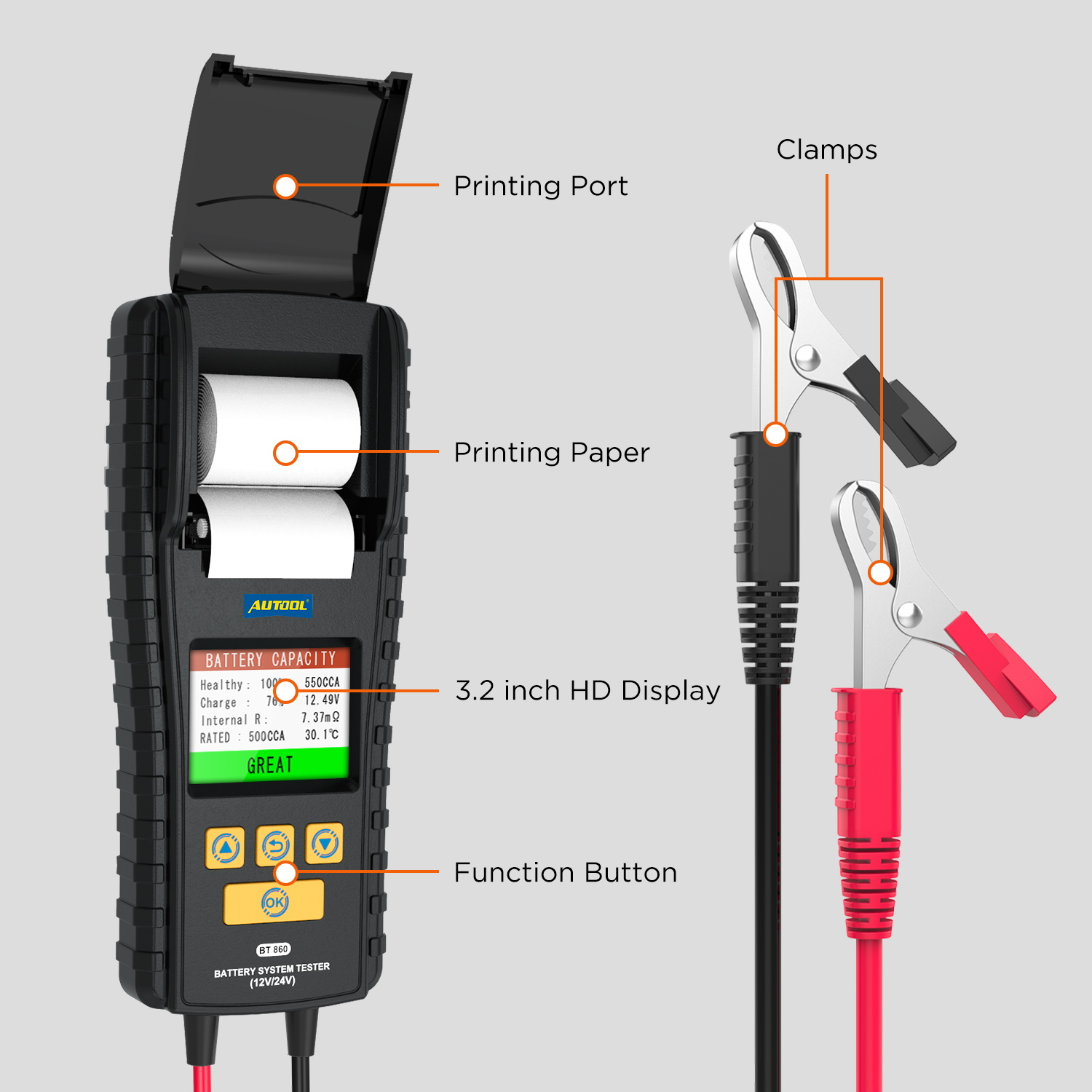AUTOOL BT860 Battery Tester with Temperature Monitoring and Printing Capabilities