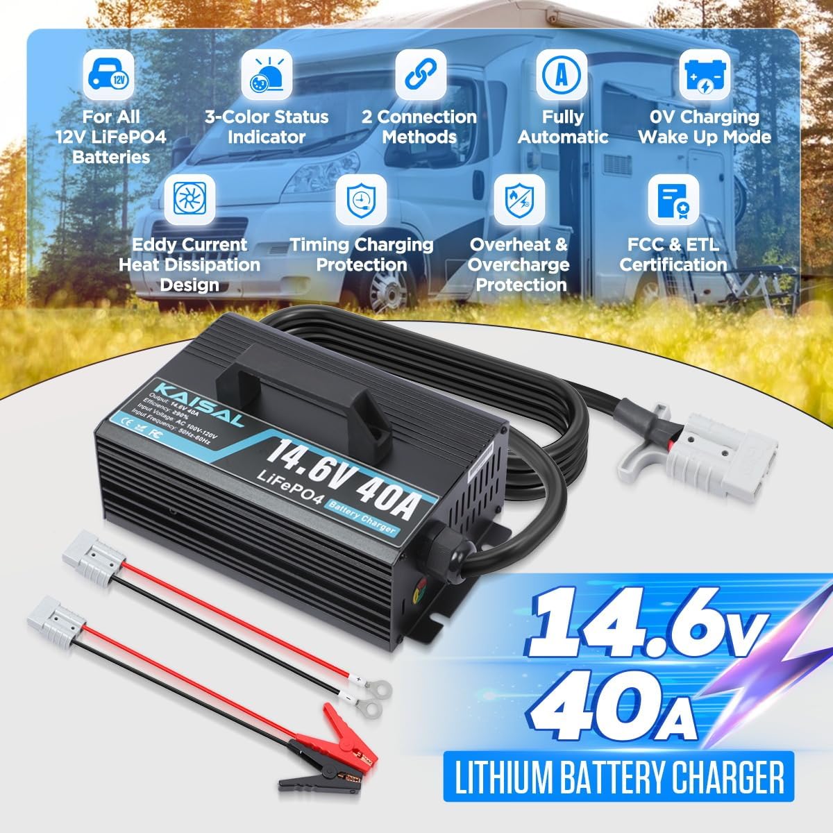 14.6V 40A Lithium Battery Charger 14.6V LiFePO4 Battery Charger for 12.8V LiFePO4 Lithium Deep Cycle Rechargeable Batteries 0V Wake Up 12 Volt Charger with 3 Connectors for RV, Boat, Car, Marine, Solar