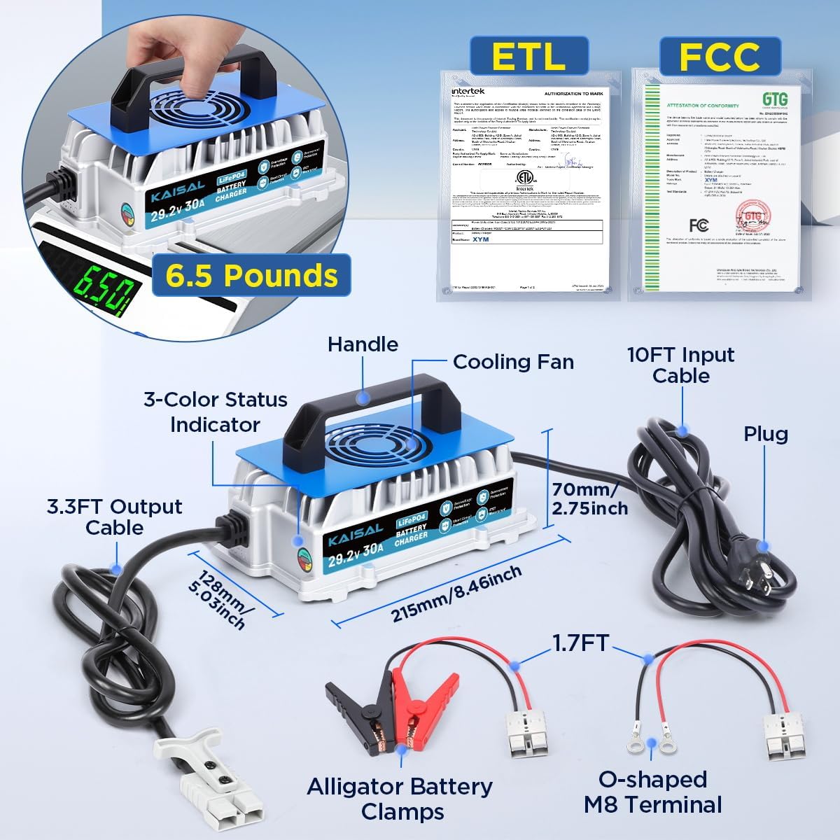 29.2V 30A Lithium Battery Charger 29.2V LiFePO4 Battery Charger IP67 Waterproof & 0V Wake Up 24 Volt Lithium Charger with 2 Connectors, 8 Protections for 25.6V LiFePO4 Battery of RV, Boat, Marine, Solar