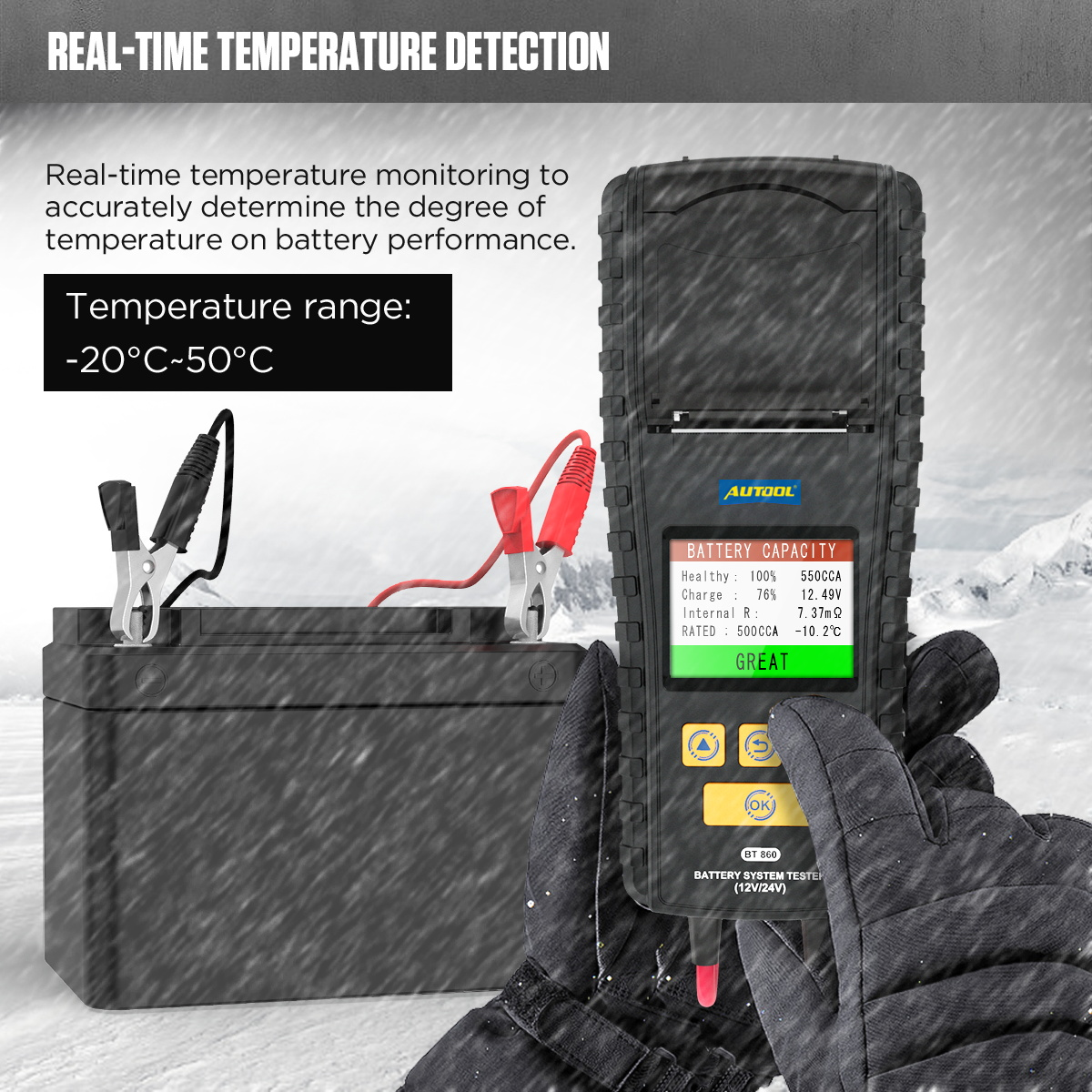 AUTOOL BT860 Battery Tester with Temperature Monitoring and Printing Capabilities