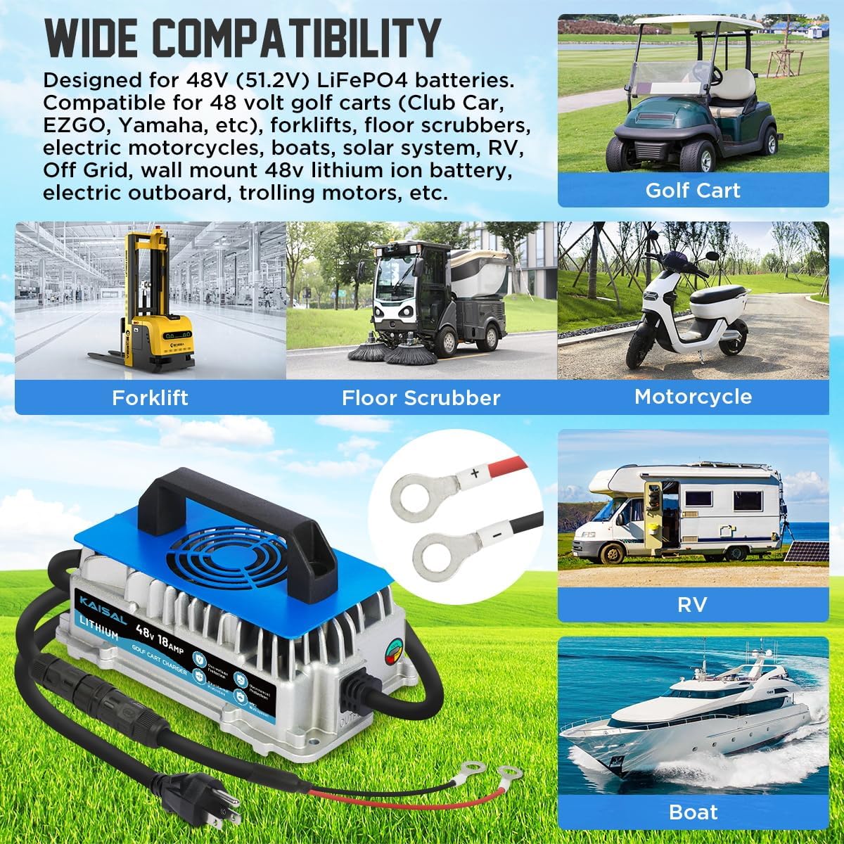 Lithium Battery Charger 48 Volt/58.4V 18A for 48V (51.2V) LiFePO4 Battery 1250W Lifepo4 Battery Charger 48 Volt, IP67 Waterproof, for Golf Cart, Forklift, Electric Outboard, Boat, Solar, RV, Off-Grid