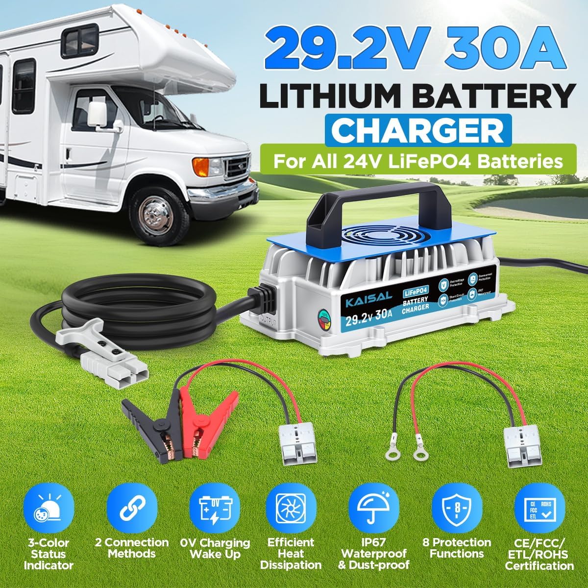 29.2V 30A Lithium Battery Charger 29.2V LiFePO4 Battery Charger IP67 Waterproof & 0V Wake Up 24 Volt Lithium Charger with 2 Connectors, 8 Protections for 25.6V LiFePO4 Battery of RV, Boat, Marine, Solar
