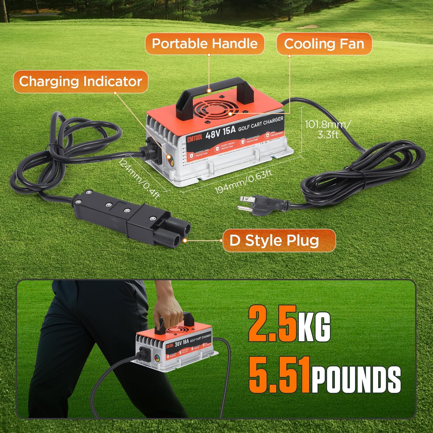 CMTOOL 48V 15A Golf Cart Battery Charger for Yamaha G19 G22, Smart Automatic Trickle Charger, 2-Pin Binocular Plug, IP67 Waterproof, for 48V Lead-Acid Batteries