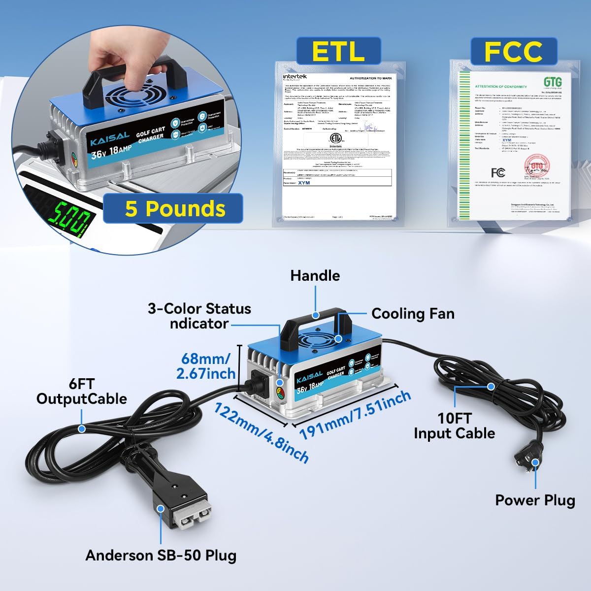 36 Volt 18A Golf Cart Battery Charger for EZGO Marathon Golf Carts IP67 Waterproof 36V EZGO Golf Cart Charger with Anderson SB-50 Plug, Trickle Charge, 5-7H Full Charge,16FT Cord for Lead Acid Battery