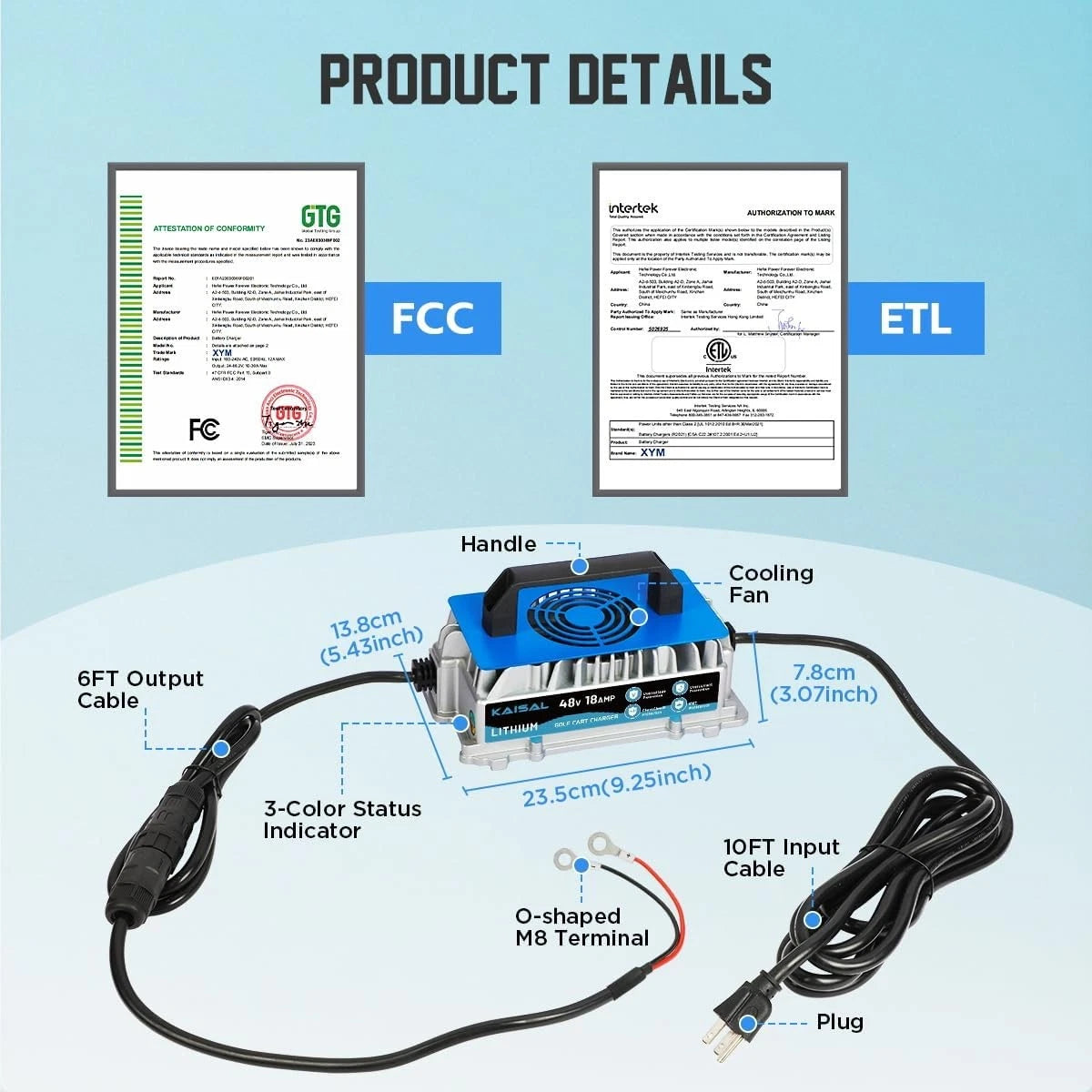 Lithium Battery Charger 48 Volt 18A for Golf Cart, Forklift, Electric Outboard