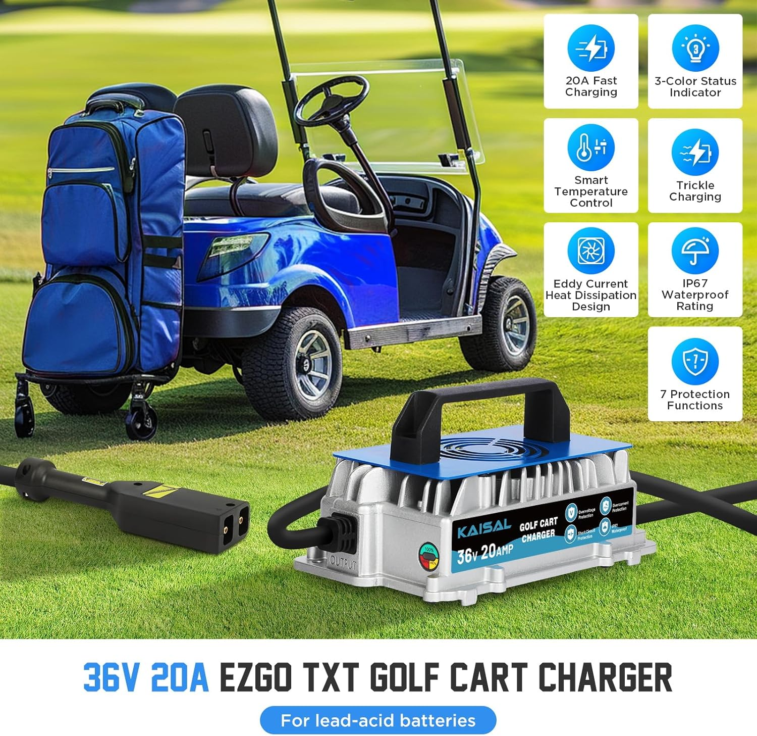 36 Volt Golf Cart Battery Charger for EZGO TXT, 20AMP 1250W EZ GO Golf Cart Charger IP67 Waterproof 36V 20A EZ GO Charger with EZGO TXT D-Plug, 4-6 hrs Full Charge, 16FT Cable, for Lead-Acid Battery