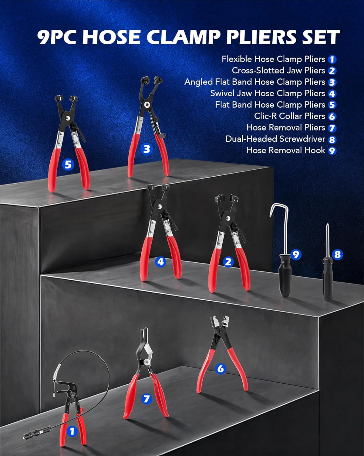 Orion Motor Tech Hose Clamp Pliers, Long Reach Wire Spring Hose Clamp Pliers Remover for Automotive Coolant Radiator Heater and Water Hose with Band Flat or Large Clamps