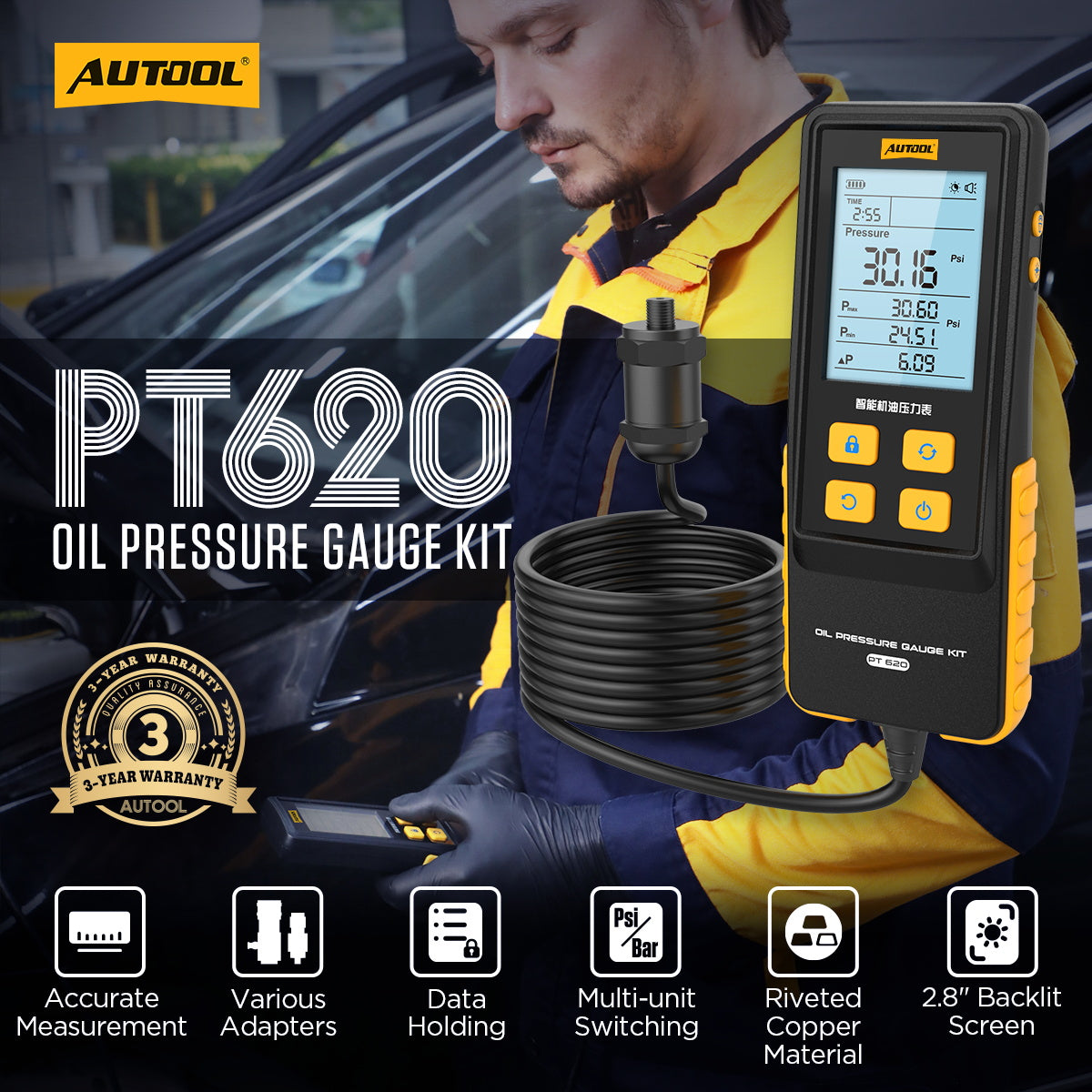 AUTOOL PT620 Engine Oil Pressure Gauge with Digital Display