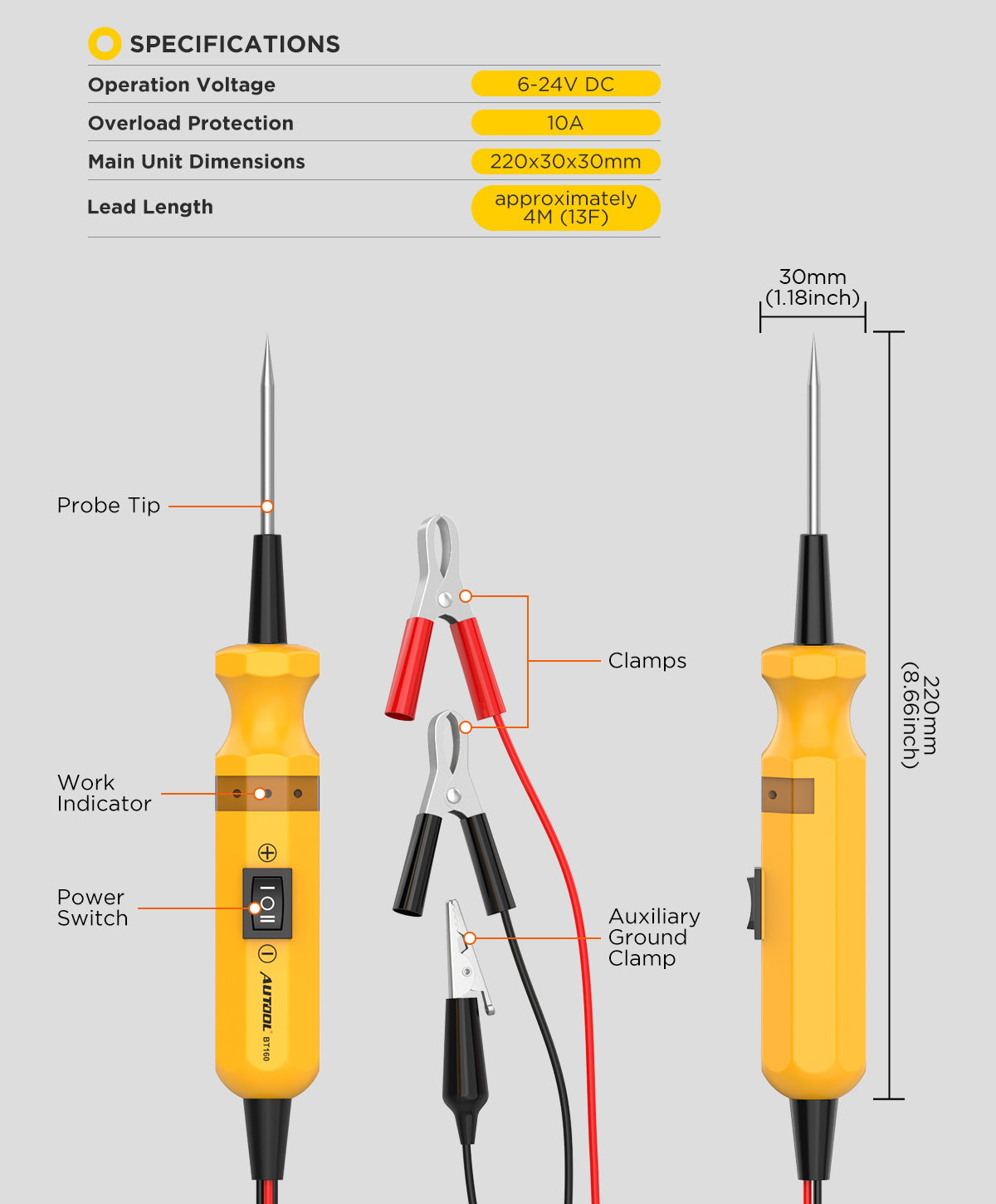 AUTOOL BT160 Car Circuit Tester Specifications
