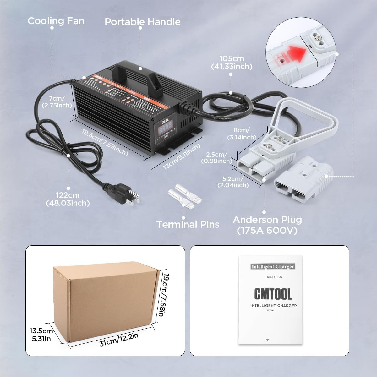 CMTOOL 24V 20A Smart Forklift Battery Charger – Fully Automatic Lead-Acid Charger with LCD Display for Pallet Jack, Floor Scrubber & Golf Cart