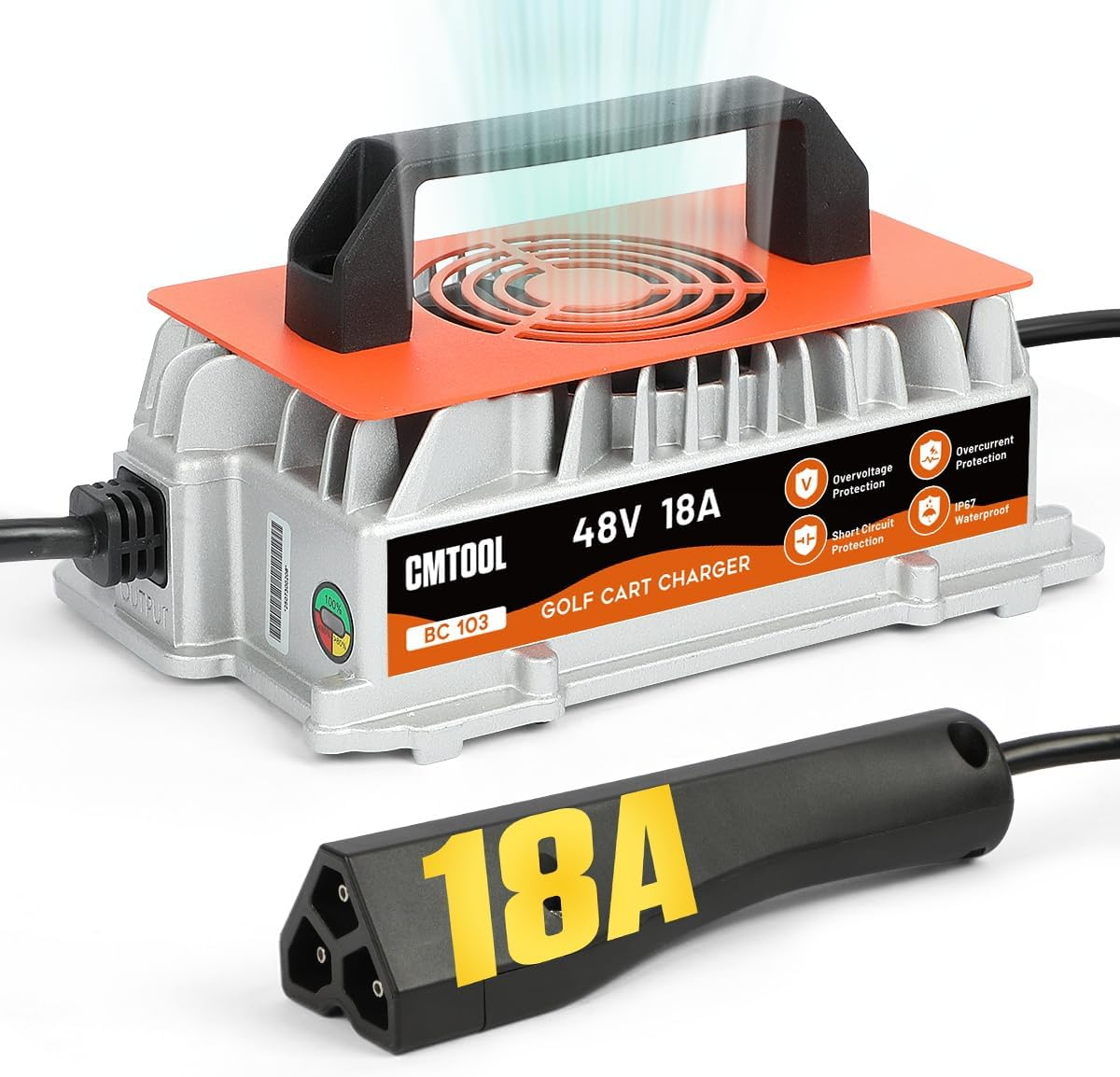 CMTOOL 48V 18A Golf Cart Battery Charger – 1250W Smart Automatic Trickle Charger with 3-Pin Plug, IP67 Waterproof for EZGO RXV & TXT 48V Lead-Acid Batteries