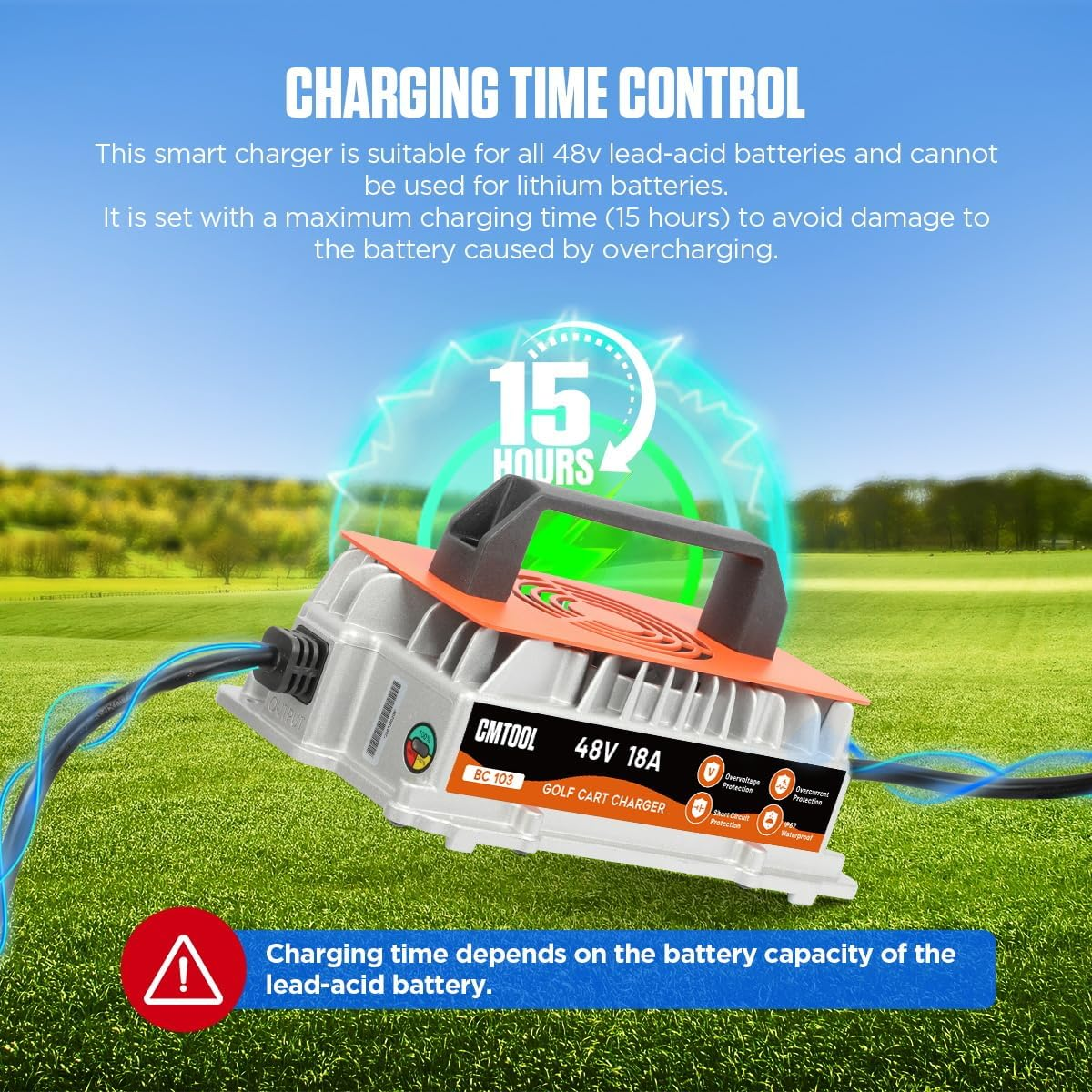 CMTOOL 48V 18A Golf Cart Battery Charger – 1250W Smart Automatic Trickle Charger with 3-Pin Plug, IP67 Waterproof for EZGO RXV & TXT 48V Lead-Acid Batteries