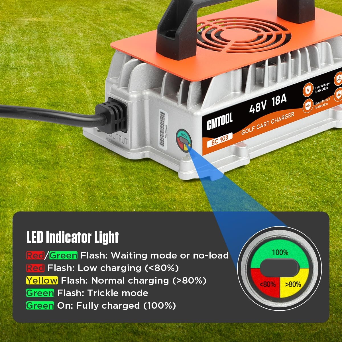 CMTOOL 48V 18A Golf Cart Battery Charger – 1250W Smart Automatic Trickle Charger with 3-Pin Plug, IP67 Waterproof for EZGO RXV & TXT 48V Lead-Acid Batteries