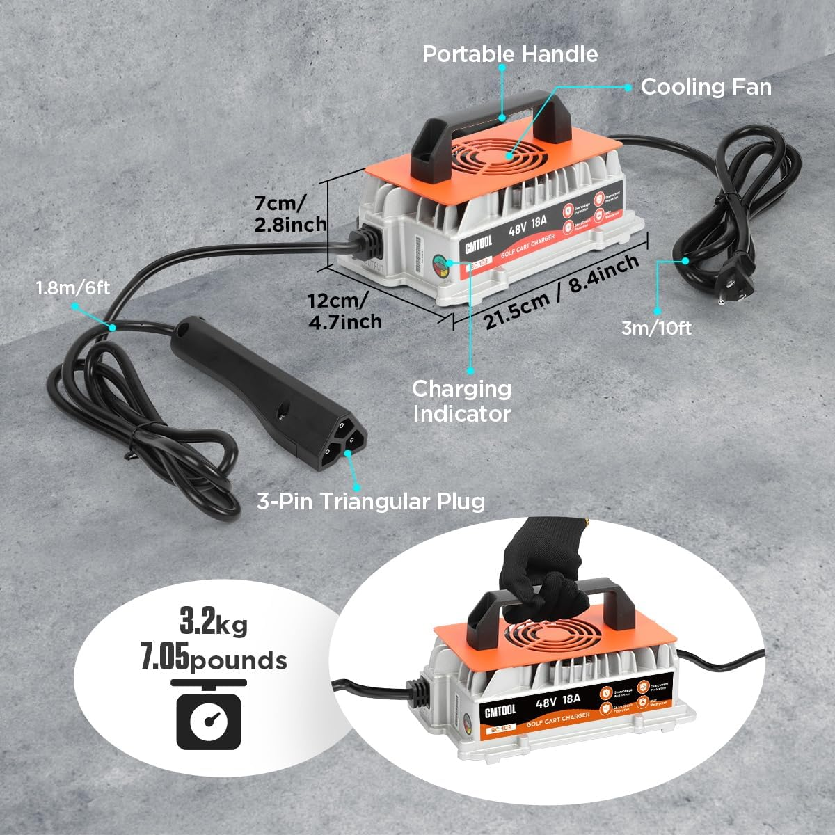 CMTOOL 48V 18A Golf Cart Battery Charger – 1250W Smart Automatic Trickle Charger with 3-Pin Plug, IP67 Waterproof for EZGO RXV & TXT 48V Lead-Acid Batteries