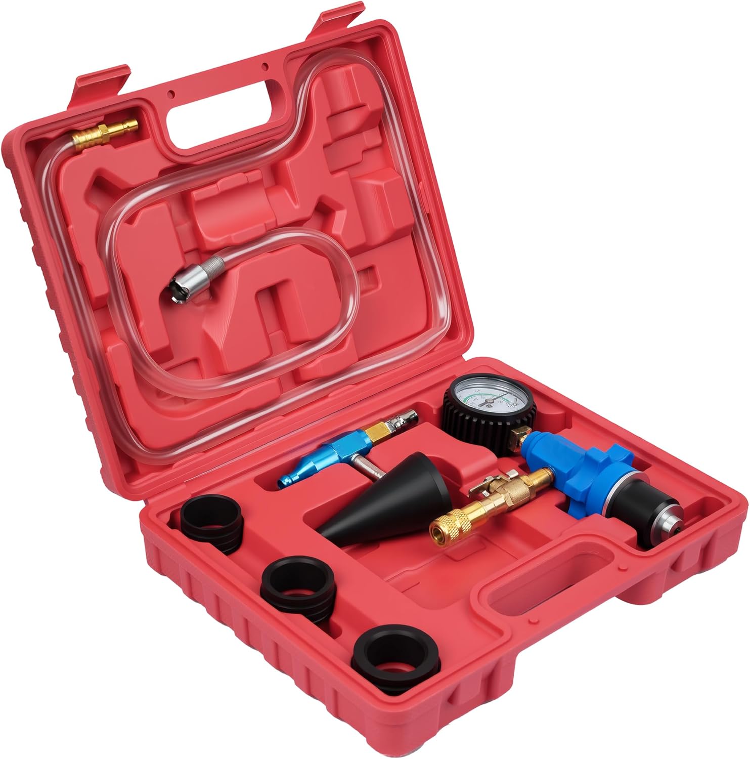 DAYUAN Cooling System Vacuum Purge Radiator Coolant Refill Tool Kit, Automotive Water Tank Pneumatic Vacuum Antifreeze Change Filler Set, with 4 Sizes Adapter Hose for Car Van SUV Truck