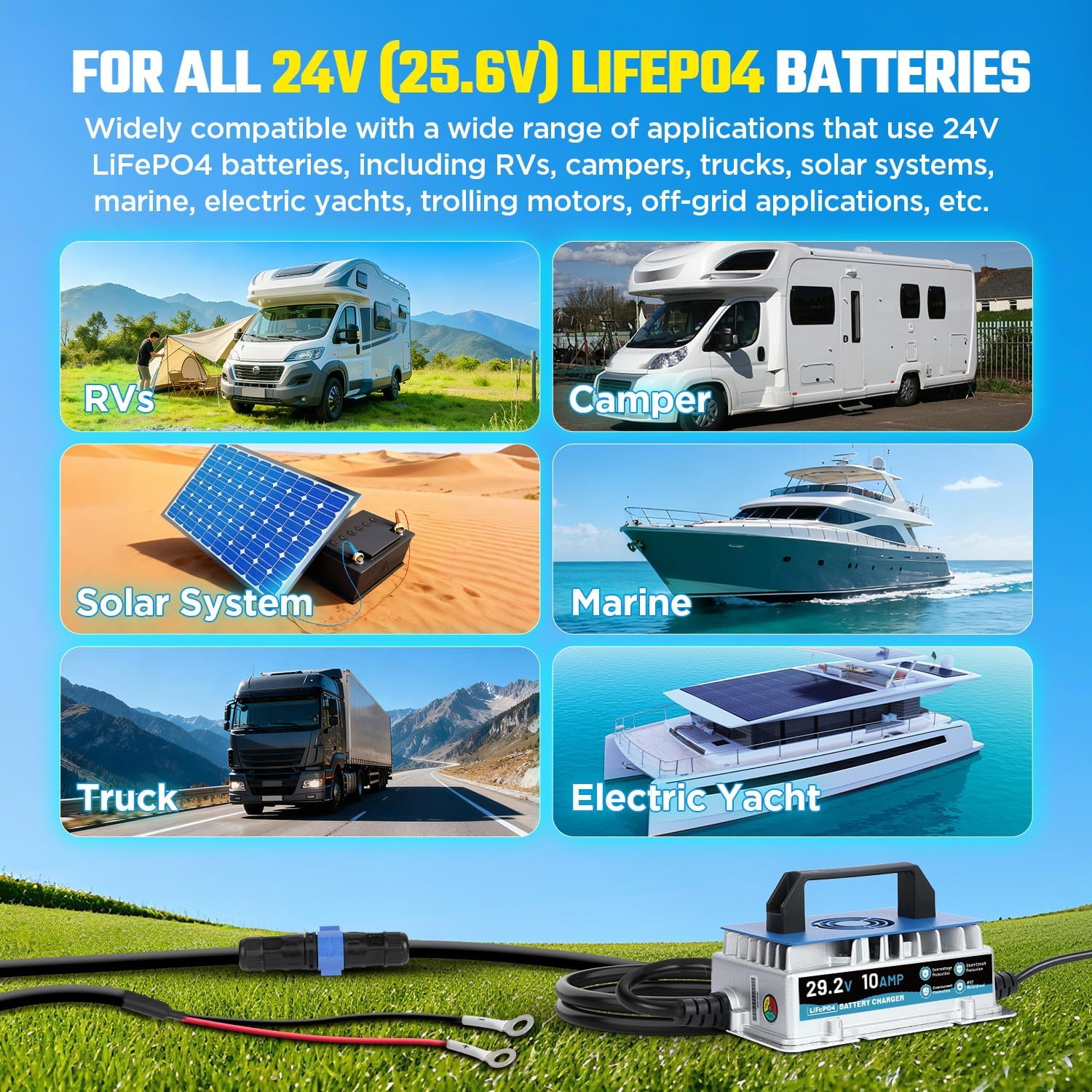 24V 10A Lithium Battery Charger, IP67 Waterproof & 0V Wake Up 29.2V LiFePO4 Battery Charger with 2 Connection Types, 7 Protections for 25.6V RV, Boat, Car, Solar, Electric Yacht LiFePO4 Battery