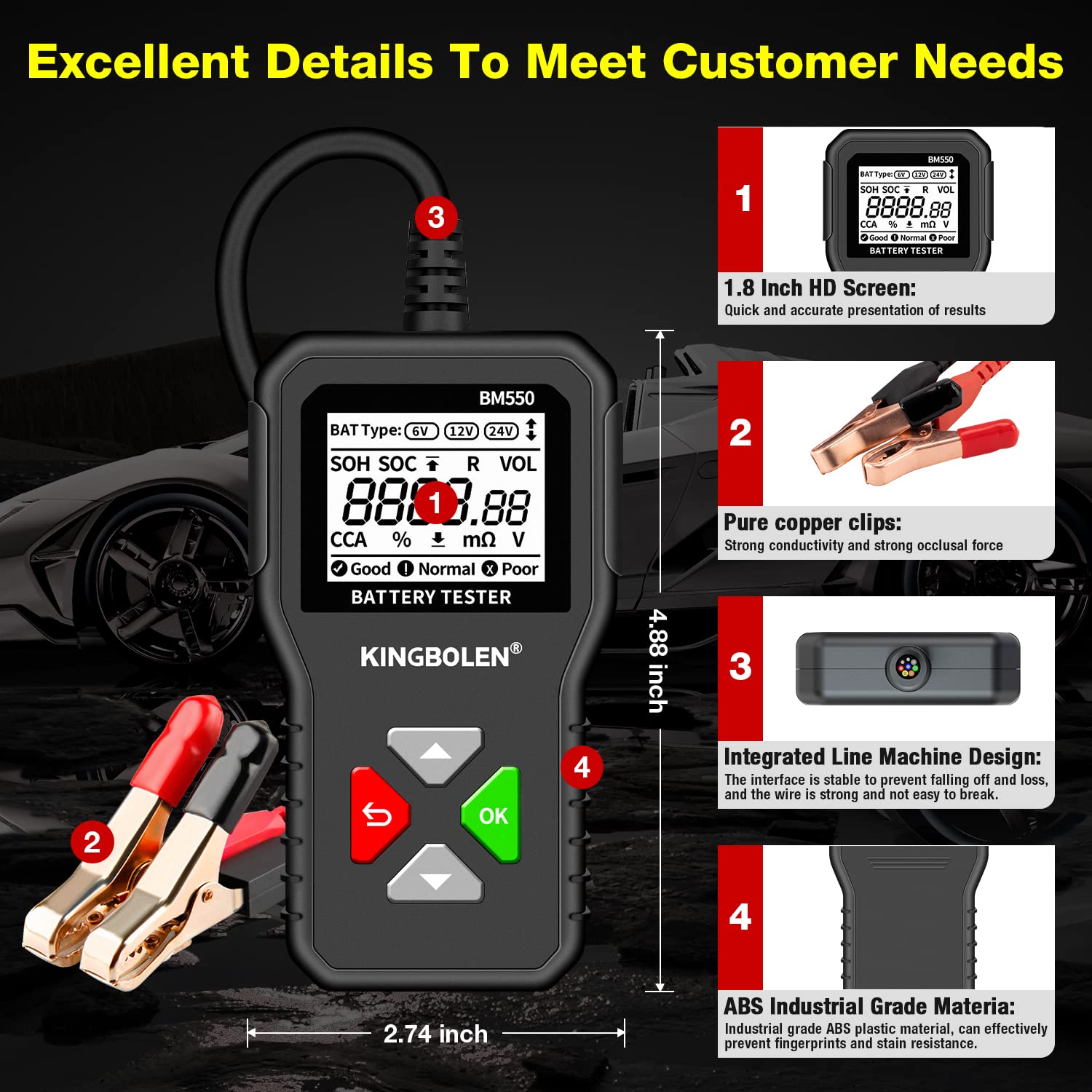 KINGBOLEN BM550 Digital Car Battery Tester 6V/12V/24V CCA & Internal Resistance Analyzer for Cars, Trucks, SUVs, ATVs, Boats & Motorcycles