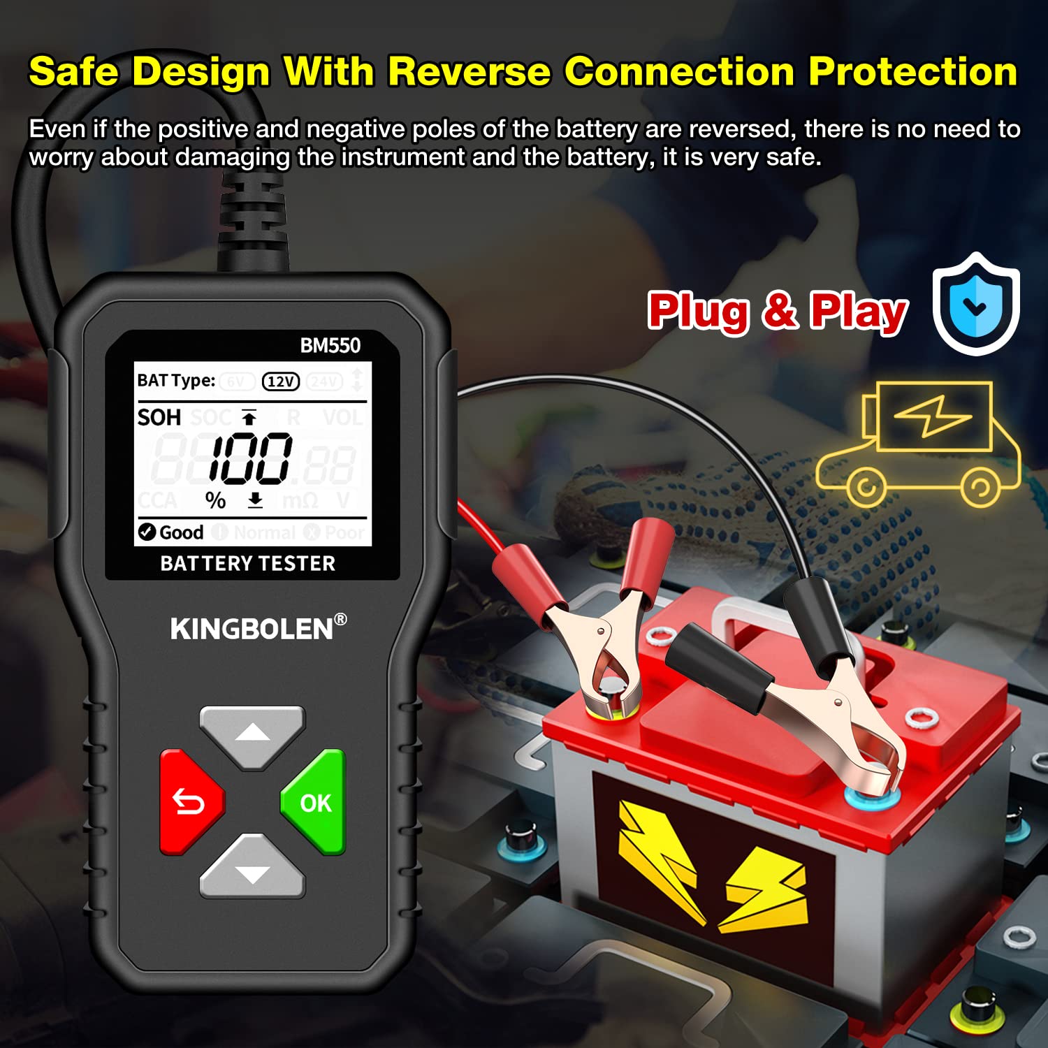 KINGBOLEN BM550 Digital Car Battery Tester 6V/12V/24V CCA & Internal Resistance Analyzer for Cars, Trucks, SUVs, ATVs, Boats & Motorcycles