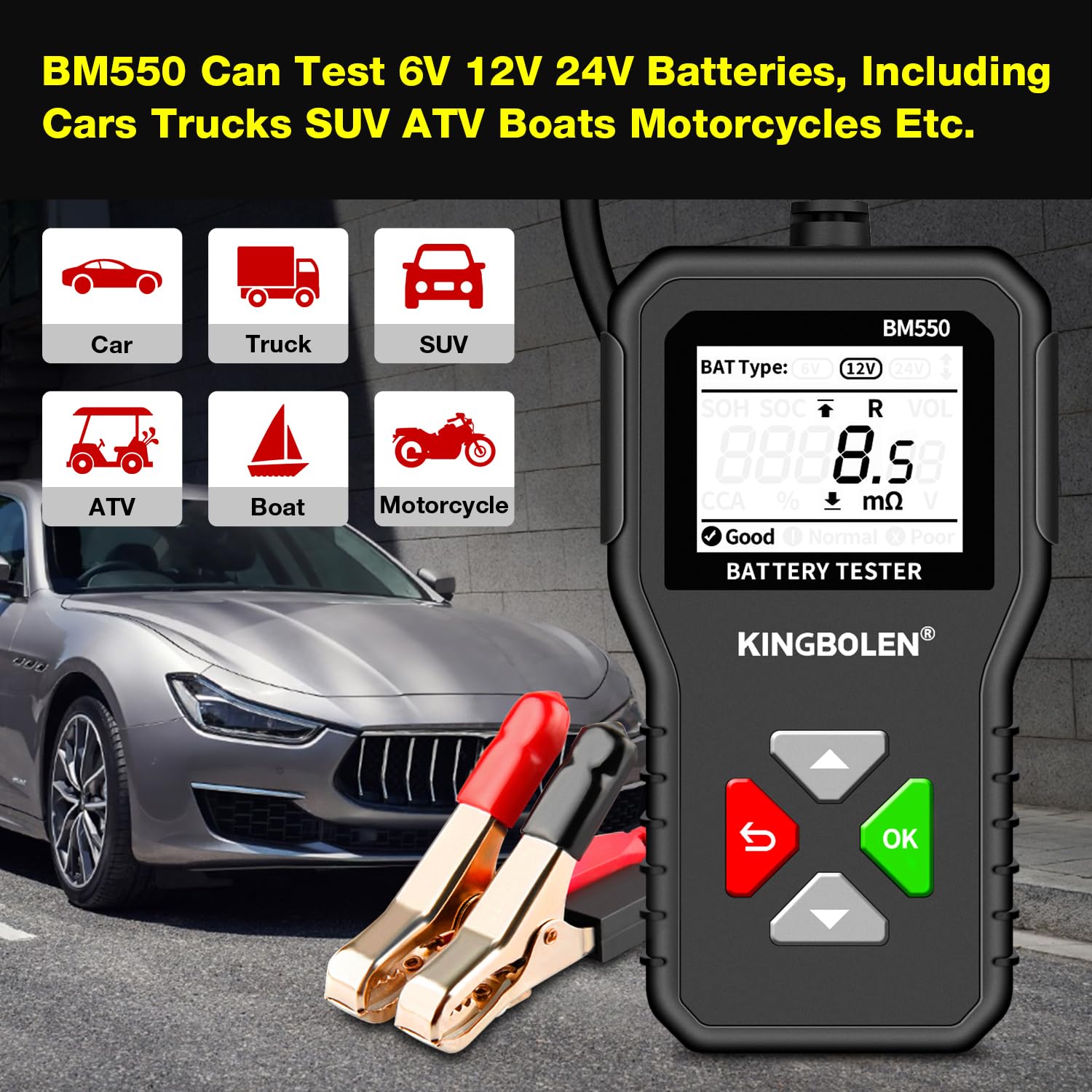KINGBOLEN BM550 Digital Car Battery Tester 6V/12V/24V CCA & Internal Resistance Analyzer for Cars, Trucks, SUVs, ATVs, Boats & Motorcycles