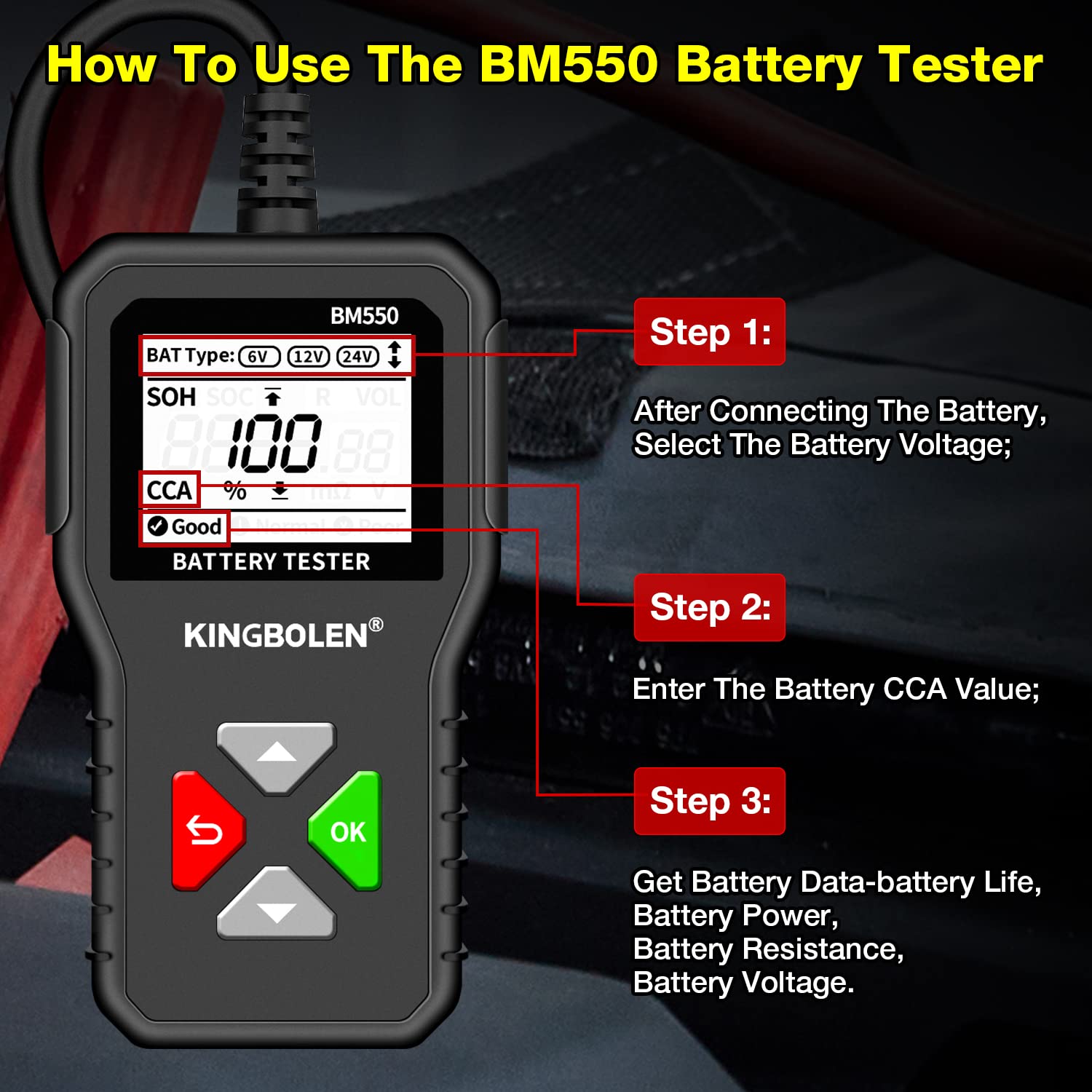 KINGBOLEN BM550 Digital Car Battery Tester 6V/12V/24V CCA & Internal Resistance Analyzer for Cars, Trucks, SUVs, ATVs, Boats & Motorcycles