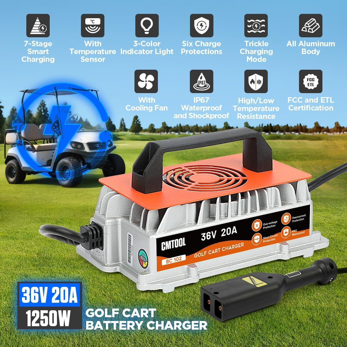CMTOOL 36V 25A EZGO Golf Cart Charger, Smart Automatic Lead-Acid Battery Charger, IP67 Waterproof, Fast Charge with Trickle Mode, 16FT Cable