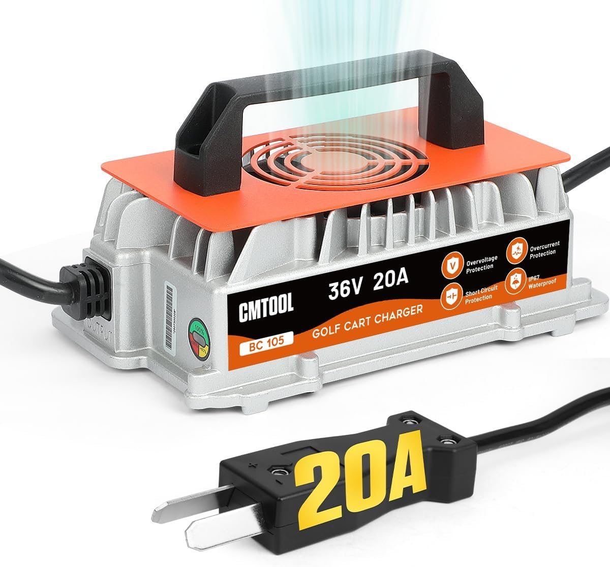 CMTOOL 36V 20 Amp Golf Cart Battery Charger, Fully Automatic Smart Trickle Charger for EZGO, Yamaha & Club Car, IP67 Waterproof, Crowfoot Plug, Lead-Acid Batteries