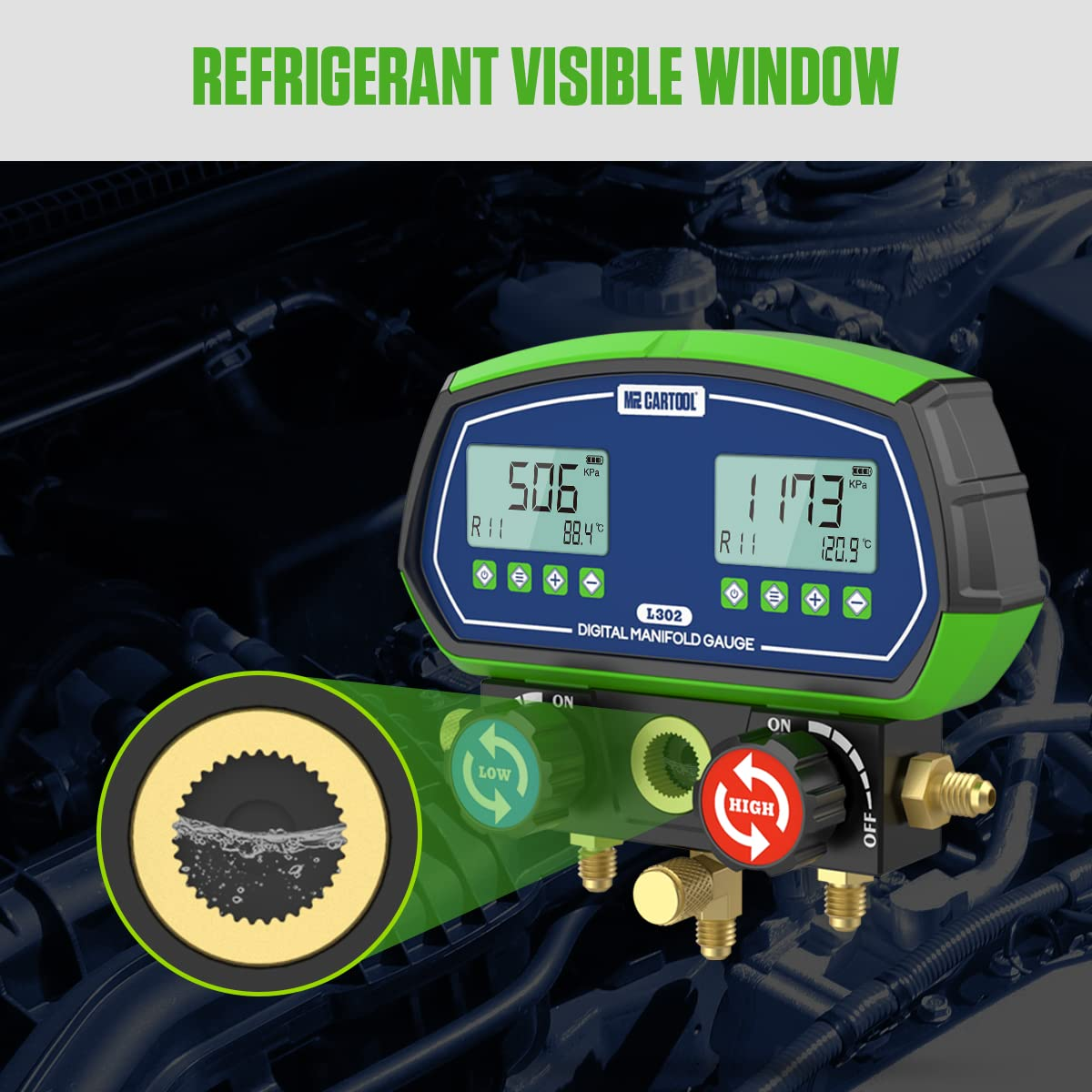 MR CARTOOL L302 Digital Manifold Gauge Set – 2-Valve Refrigerant Pressure Tester with 3 Hoses for HVAC & Air Conditioning Refrigeration Recharging