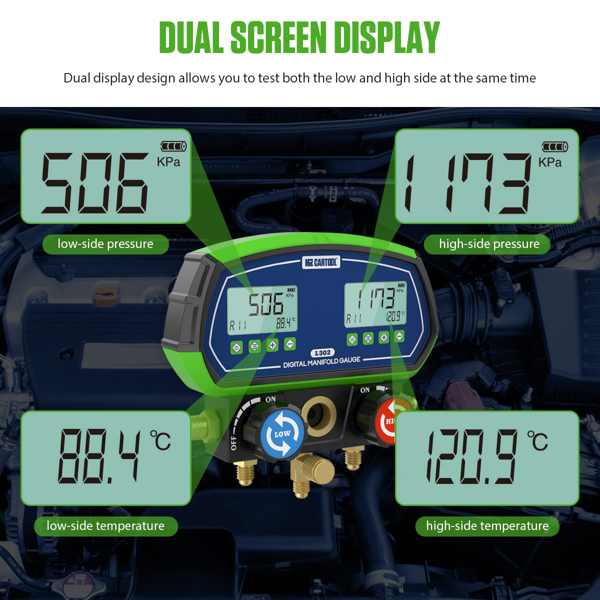 MR CARTOOL L302 Digital Manifold Gauge Set – 2-Valve Refrigerant Pressure Tester with 3 Hoses for HVAC & Air Conditioning Refrigeration Recharging