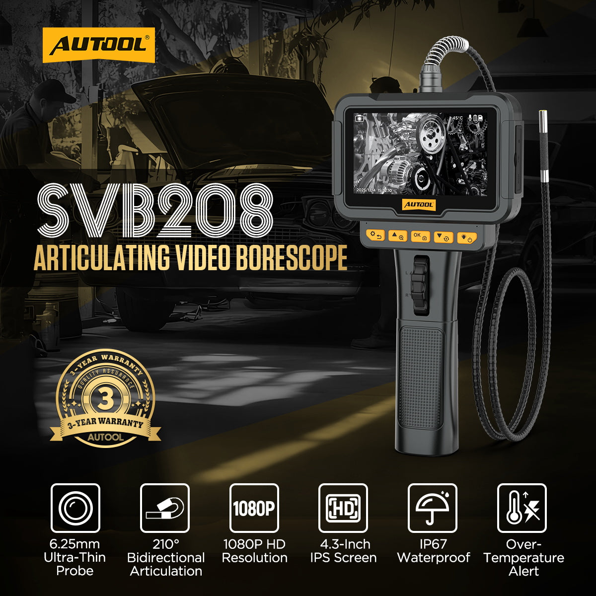 AUTOOL SVB208 HD Automotive Borescope Camera