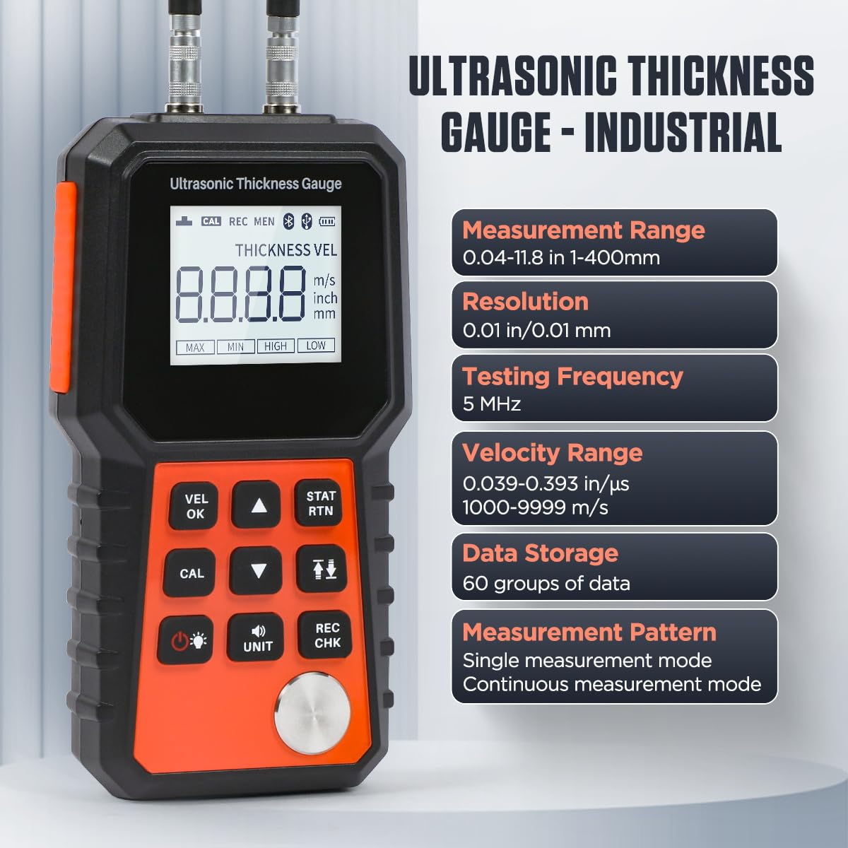 Ultrasonic Thickness Gauge Industrial Range 0.04-15.75"(1-400mm) for All Materials, Steel, Plastic, Glass, Aluminum, Copper, Metal Thickness Tester, 2.4" LCD Display (All Materials)