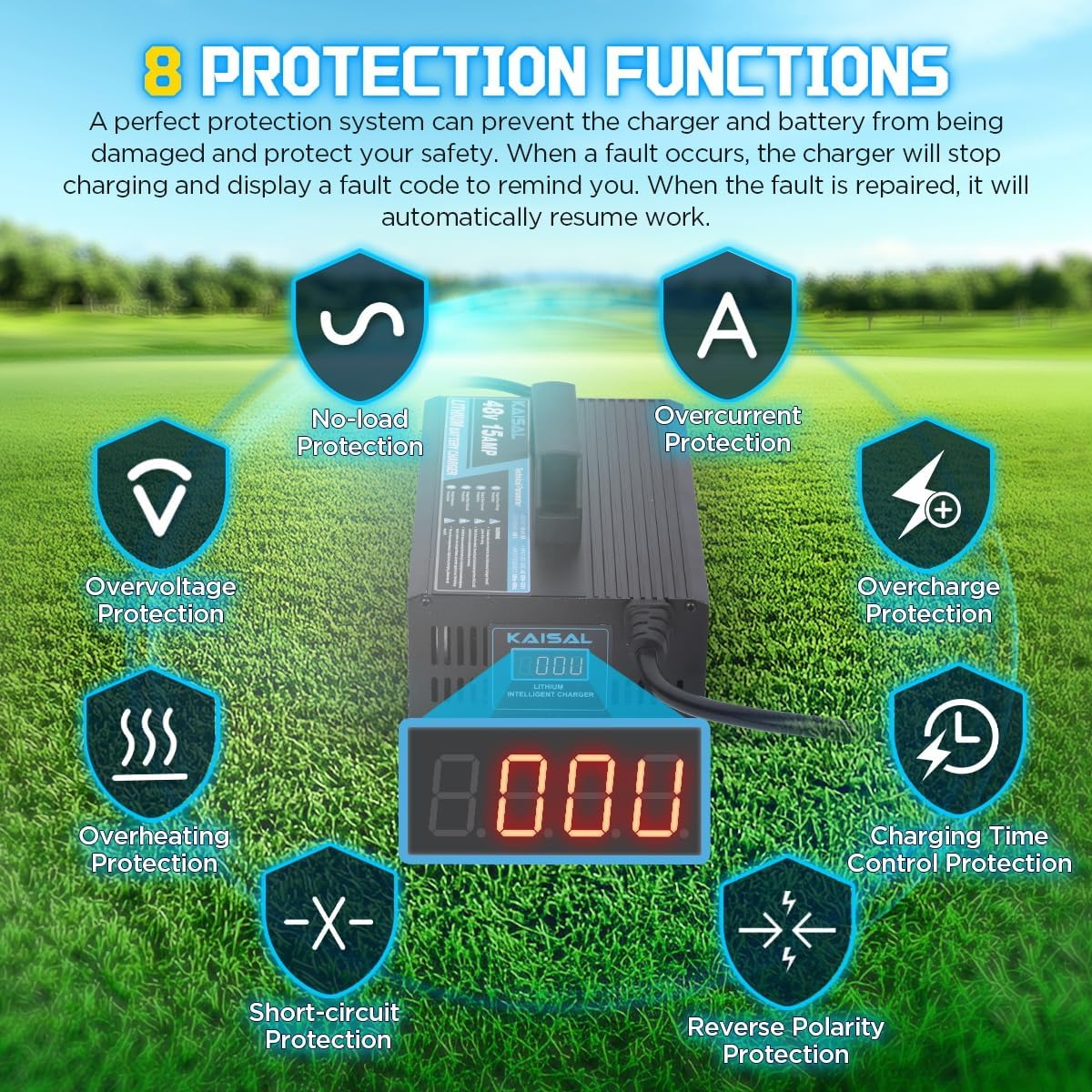 KAISAL 48V/58.4V 15A Lifepo4 Battery Charger - Onboard 48 Volt Lithium Golf Cart & Forklift Charger with IP68 Waterproof Removable Plug