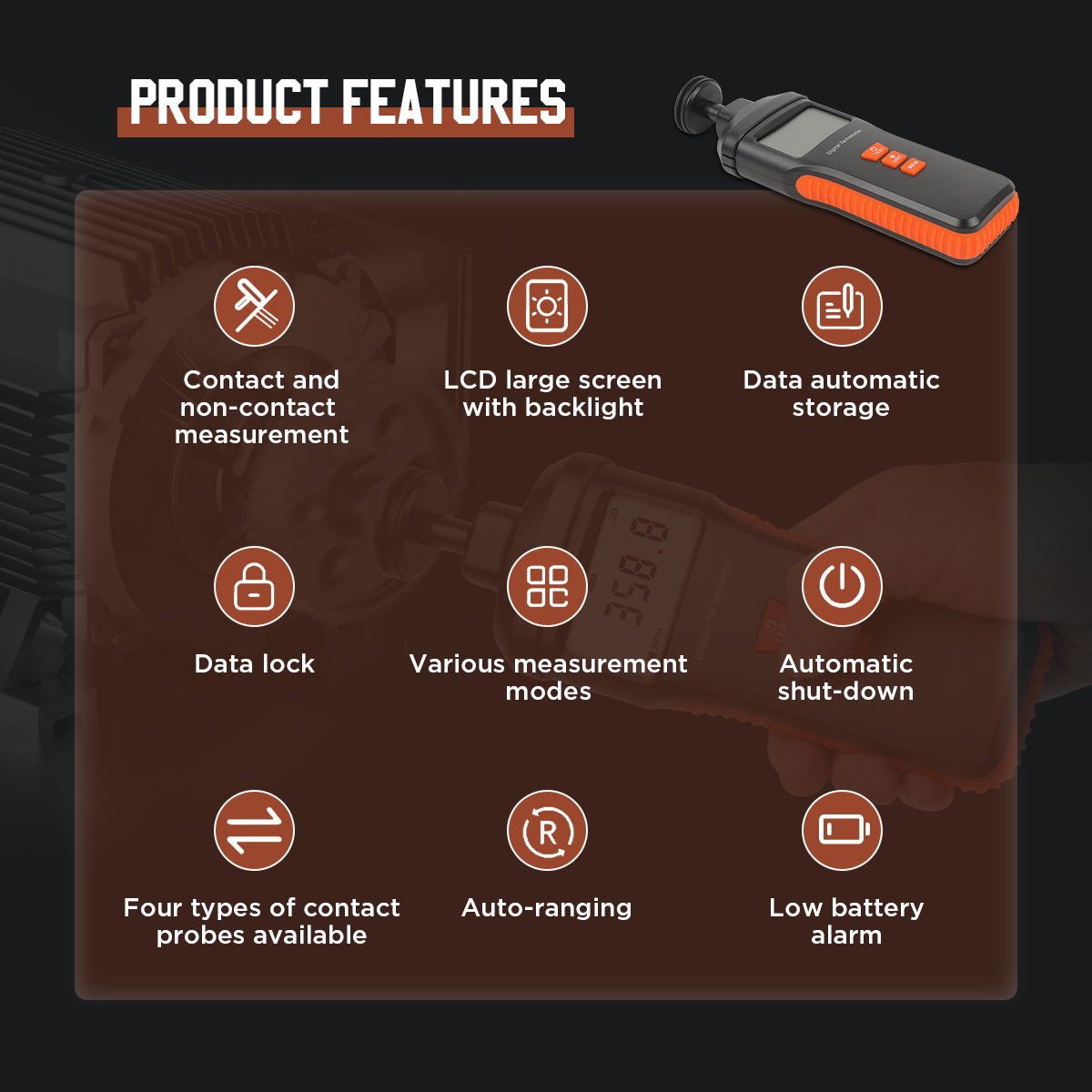 CMTOOL RPM Meter Digital Tachometer, 9.0-99999 RPM Gauge Kit, Handheld Contact and Non Contact Tachometer, High Precision