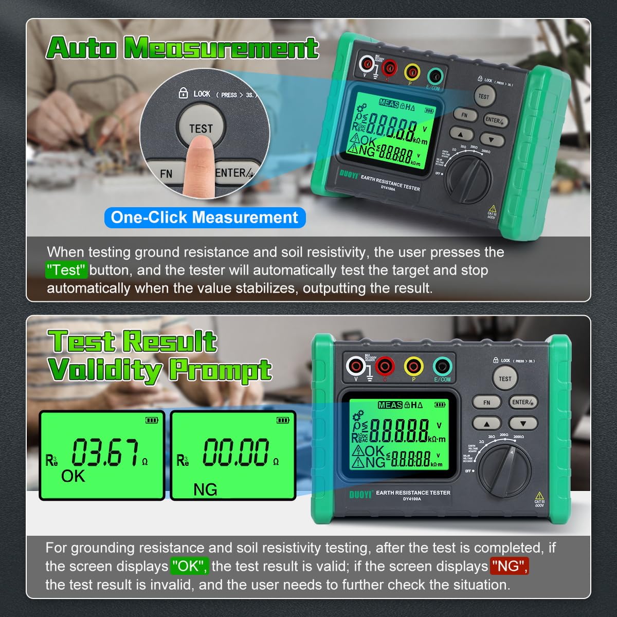 DUOYI Earth Ground Resistance Tester 0.03-2000Ω Soil Resistivity Meter,Upgraded Earth Resistance Tester Auto Measurement 600V AC Ground Voltage Meter with 6pcs 1.5V Batteries,Tool Bag