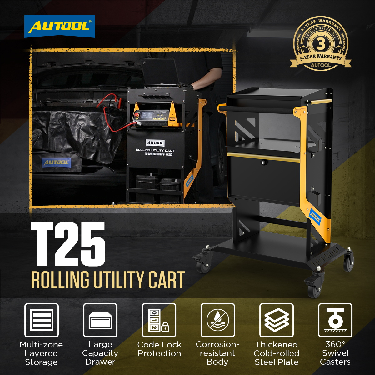 AUTOOL T25 Mechanic Tool Cart with Wheels Utility Cart