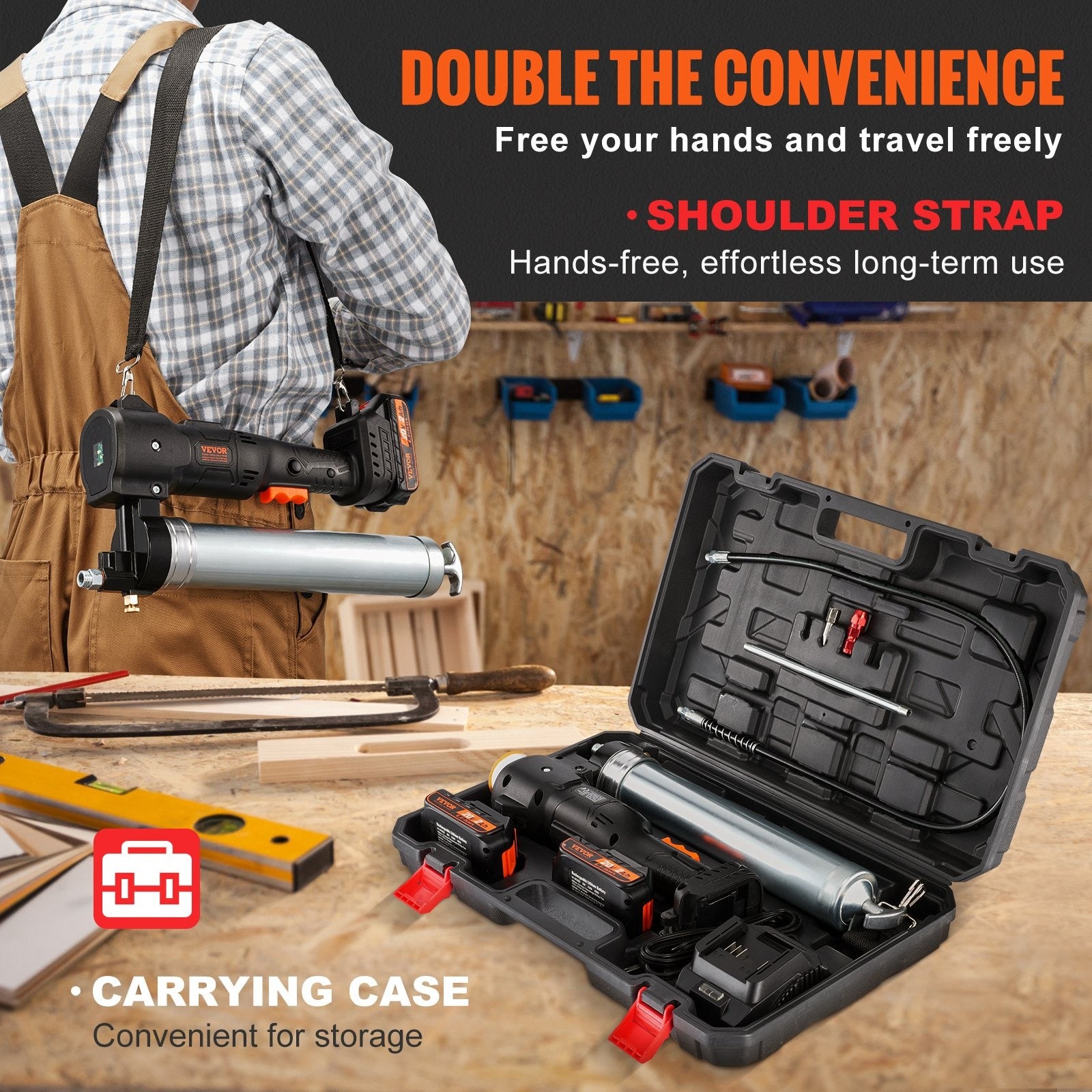 VEVOR Cordless Grease Gun 20V 10,000 PSI 39'' Hose – High-Pressure Electric Grease Gun Kit with Battery, Charger & Carrying Case