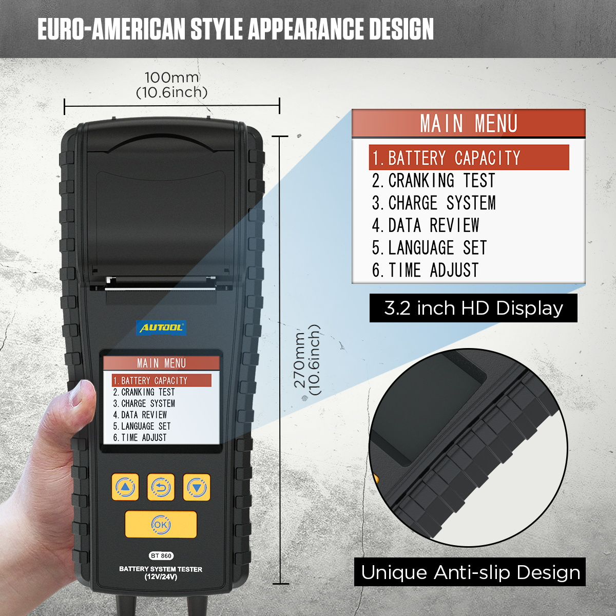 AUTOOL BT860 Battery Tester with Temperature Monitoring and Printing Capabilities