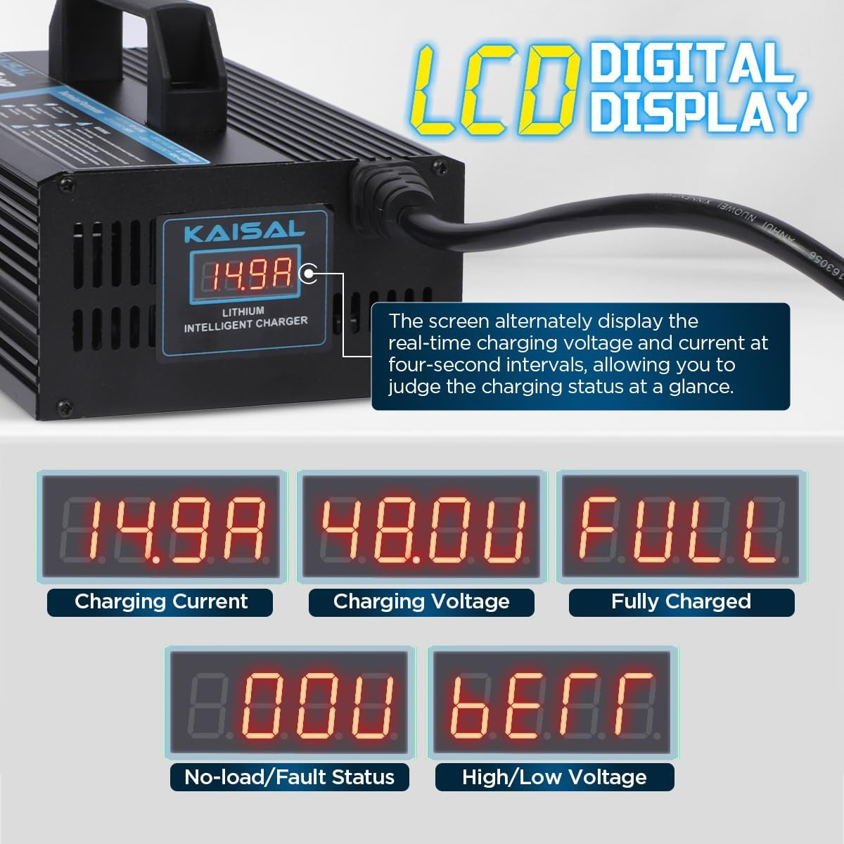 KAISAL 48V/58.4V 15A Lifepo4 Battery Charger - Onboard 48 Volt Lithium Golf Cart & Forklift Charger with IP68 Waterproof Removable Plug