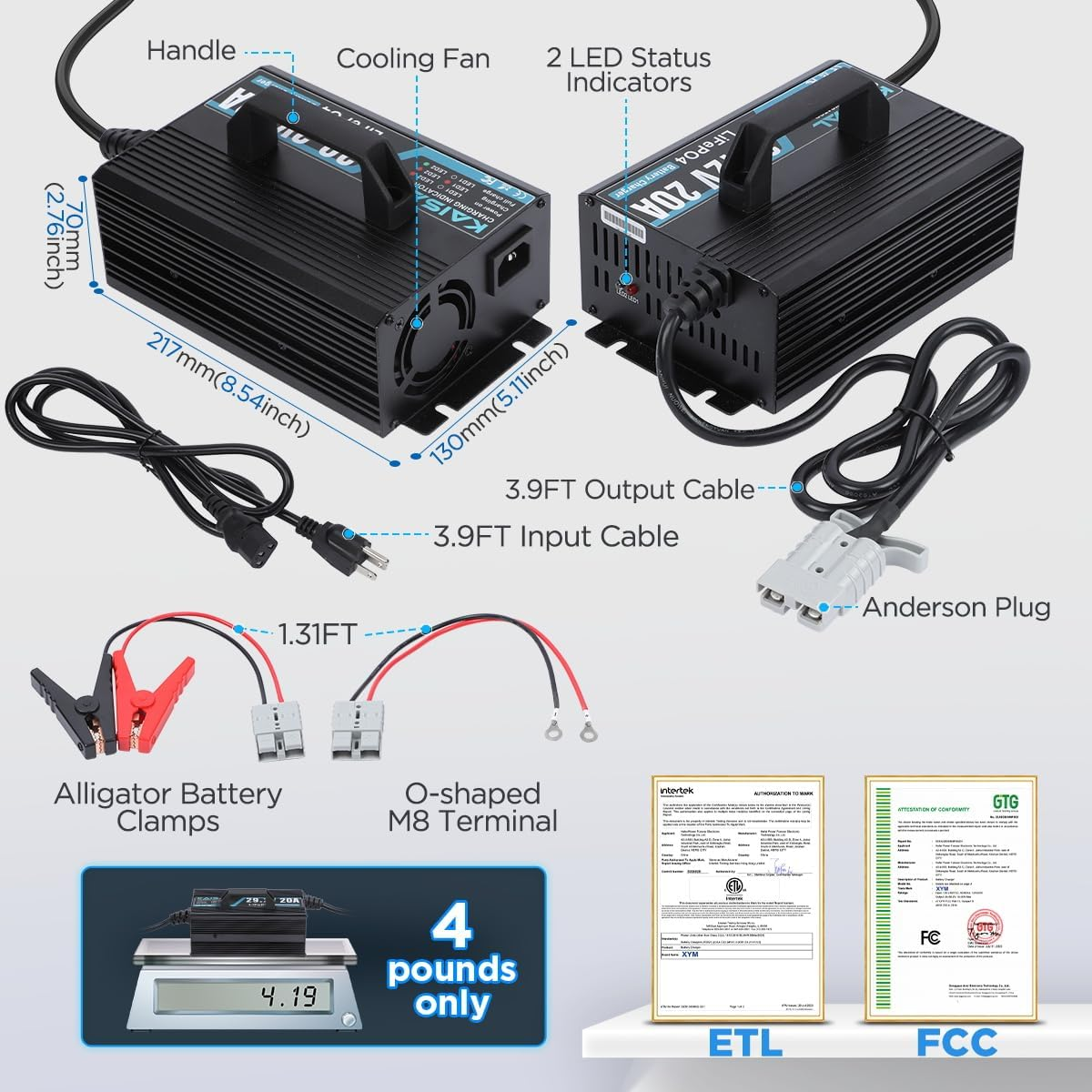 KAISAL 24V 20A Lithium Battery Charger for LiFePO4 - 29.2V with Wake-Up Function, 3 Connectors for RV, Boat, Truck, Marine & Solar Applications