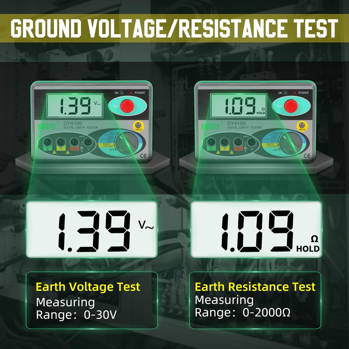 DUOYI Digital Earth Ground Resistance Tester,0-2000 ohm Meter Earth Resistance Tester,Overload Protection AC Ground Voltage Meter with 6Pcs 1.5V Battery,Tool Bag