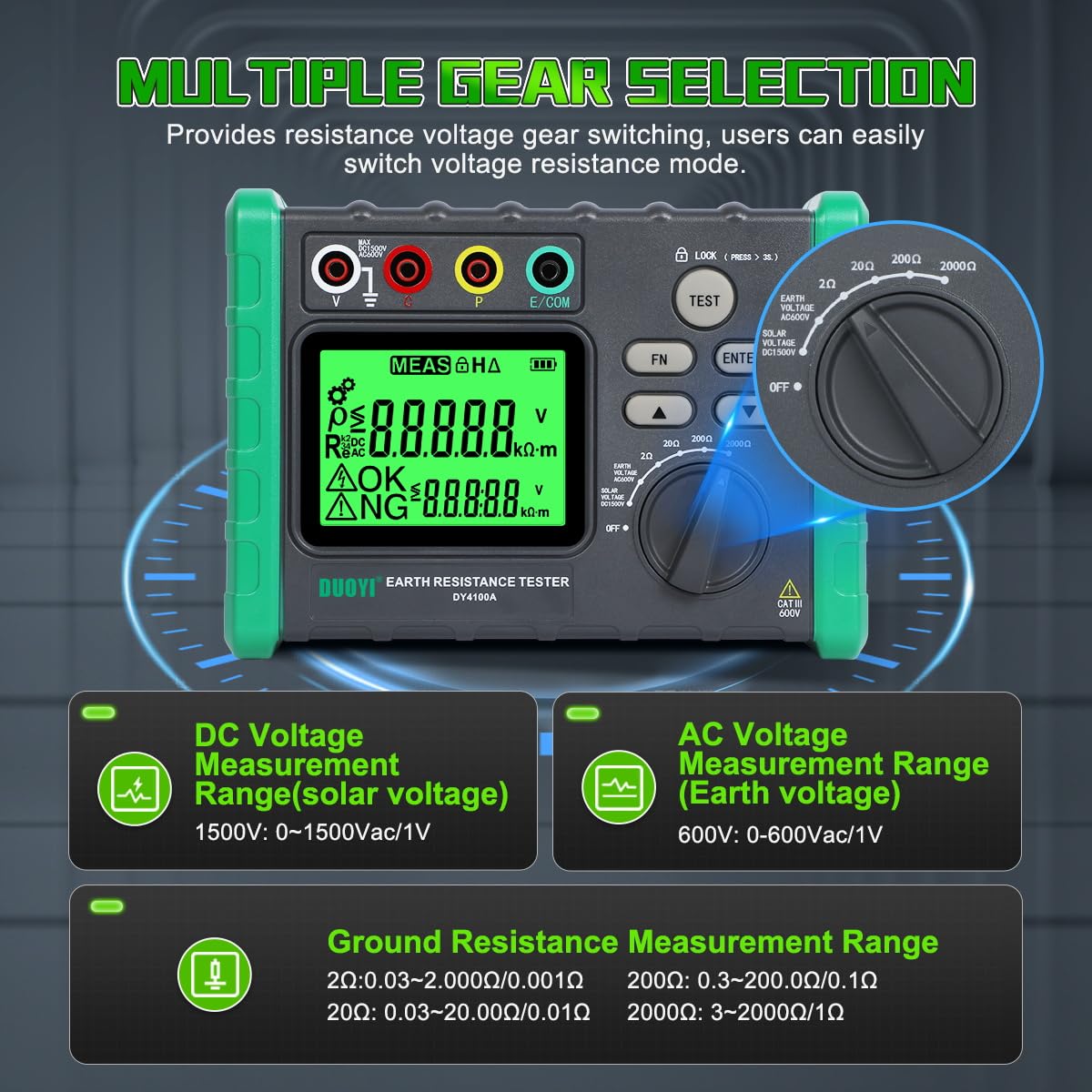 DUOYI Earth Ground Resistance Tester 0.03-2000Ω Soil Resistivity Meter,Upgraded Earth Resistance Tester Auto Measurement 600V AC Ground Voltage Meter with 6pcs 1.5V Batteries,Tool Bag