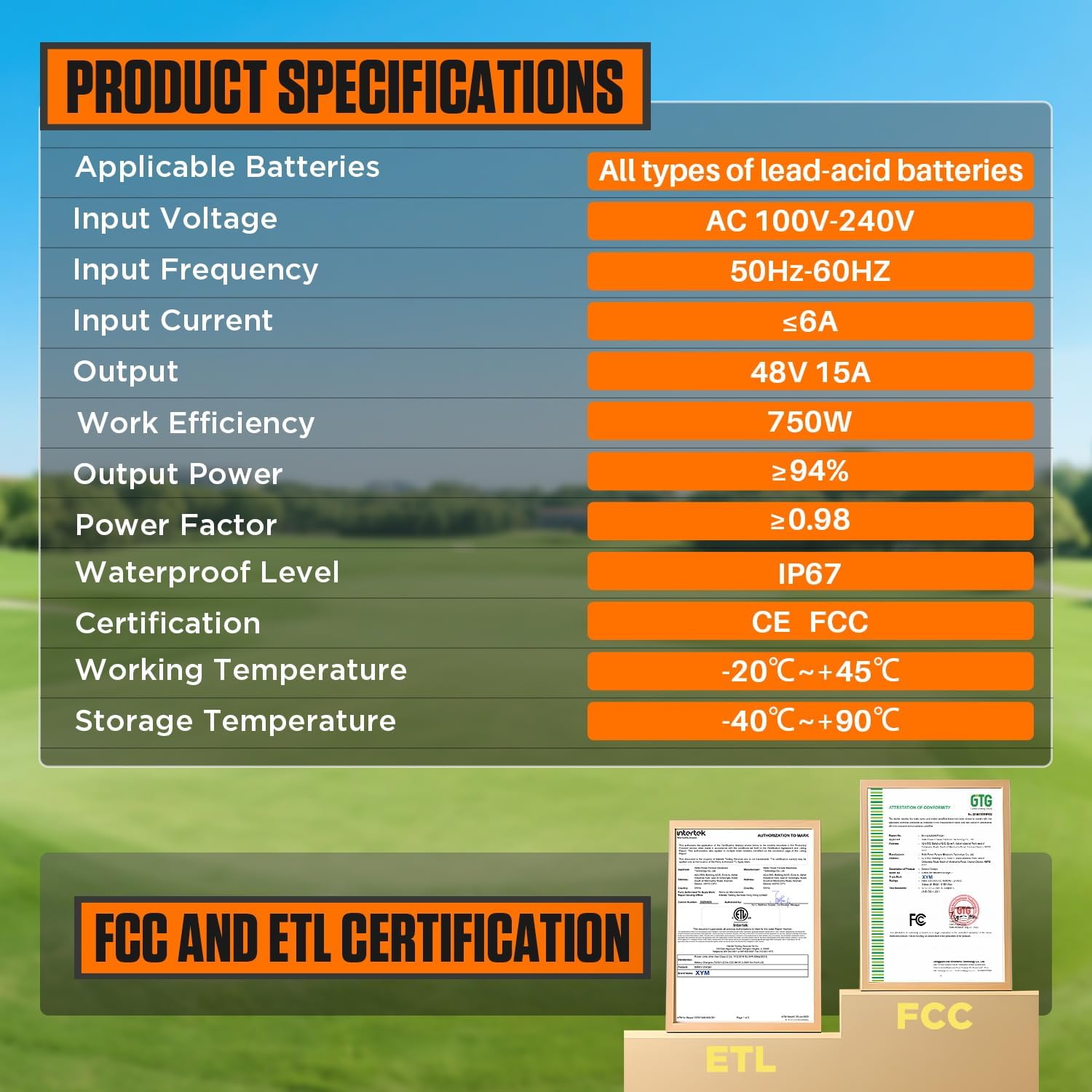 CMTOOL 48V 15A Golf Cart Battery Charger for Yamaha G19 G22, Smart Automatic Trickle Charger, 2-Pin Binocular Plug, IP67 Waterproof, for 48V Lead-Acid Batteries